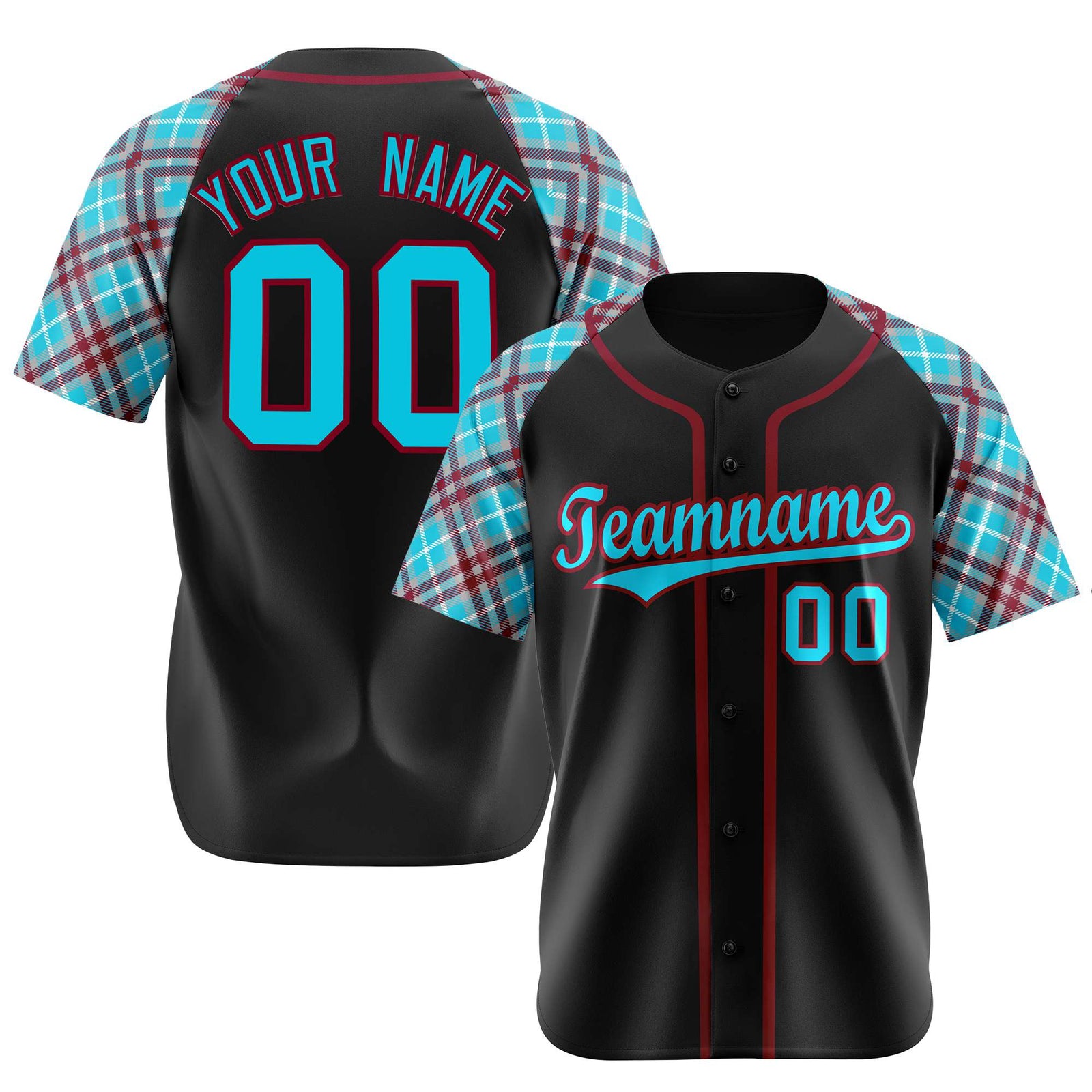 Custom Black Burgundy Light-Bule Authentic Plaid sleeve Baseball Jersey
