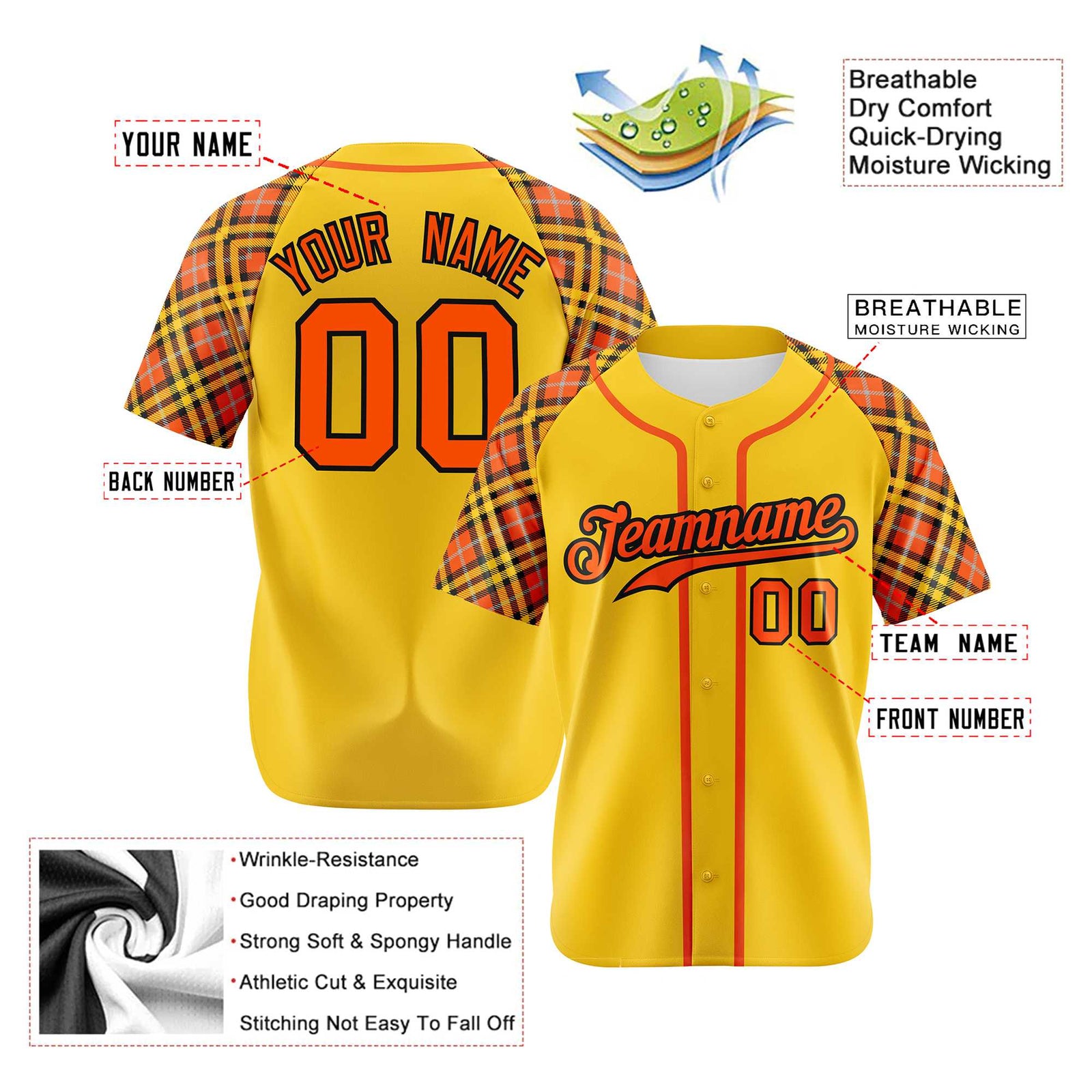 Custom Yellow Orange-Black Authentic Plaid sleeve Baseball Jersey
