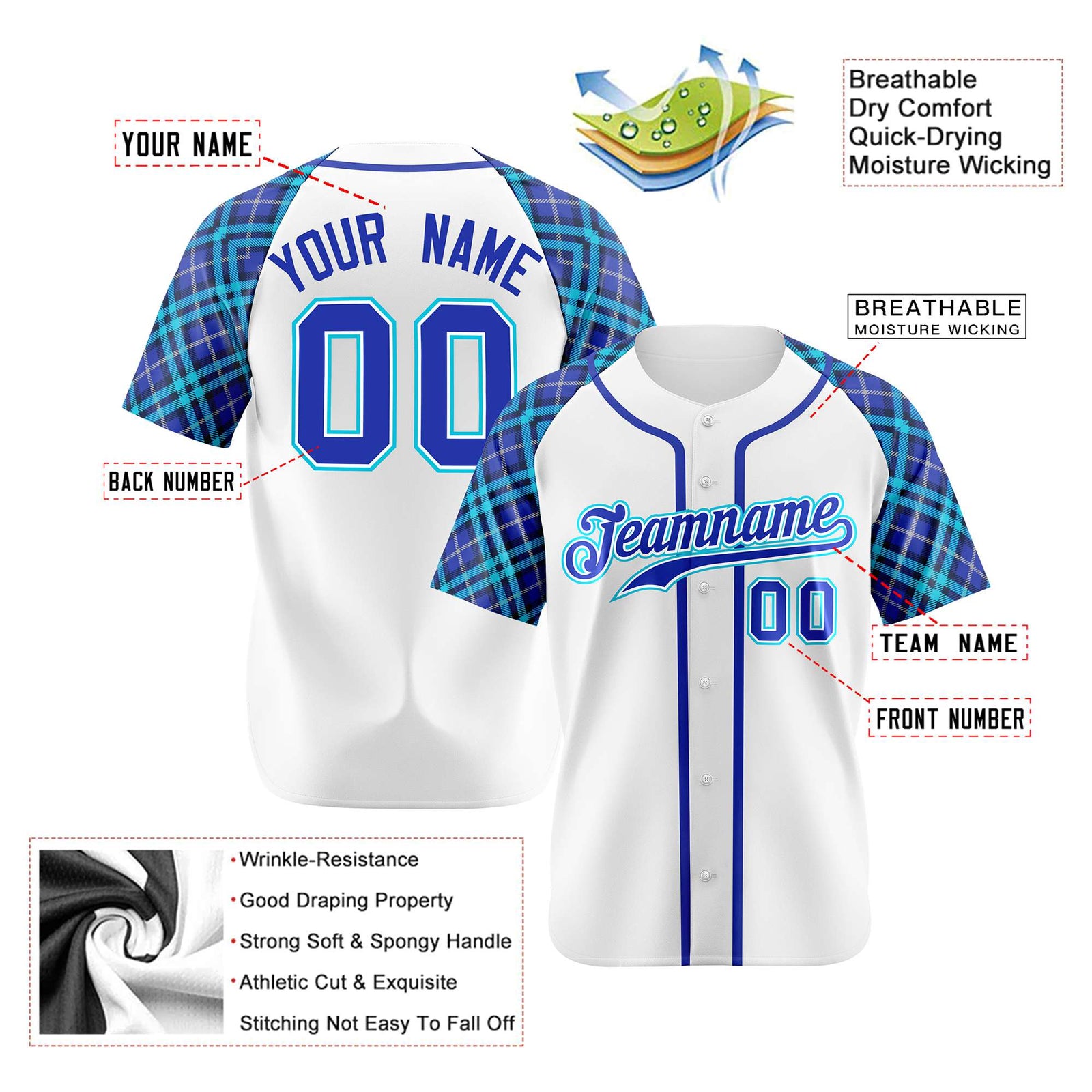 Custom White Purple Light Bule Authentic Plaid sleeve Baseball Jersey