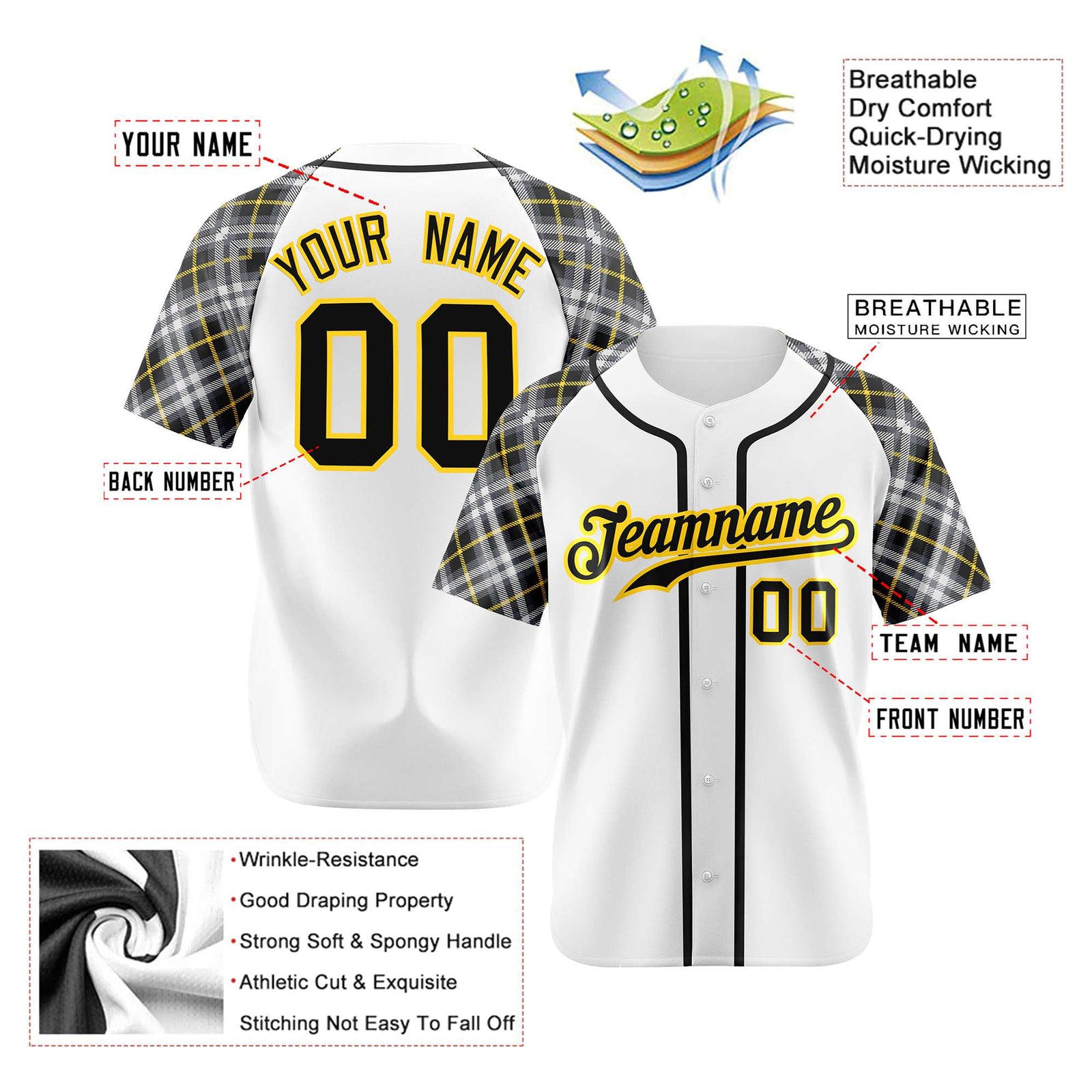 Custom White Gold-Black Authentic Plaid sleeve Baseball Jersey
