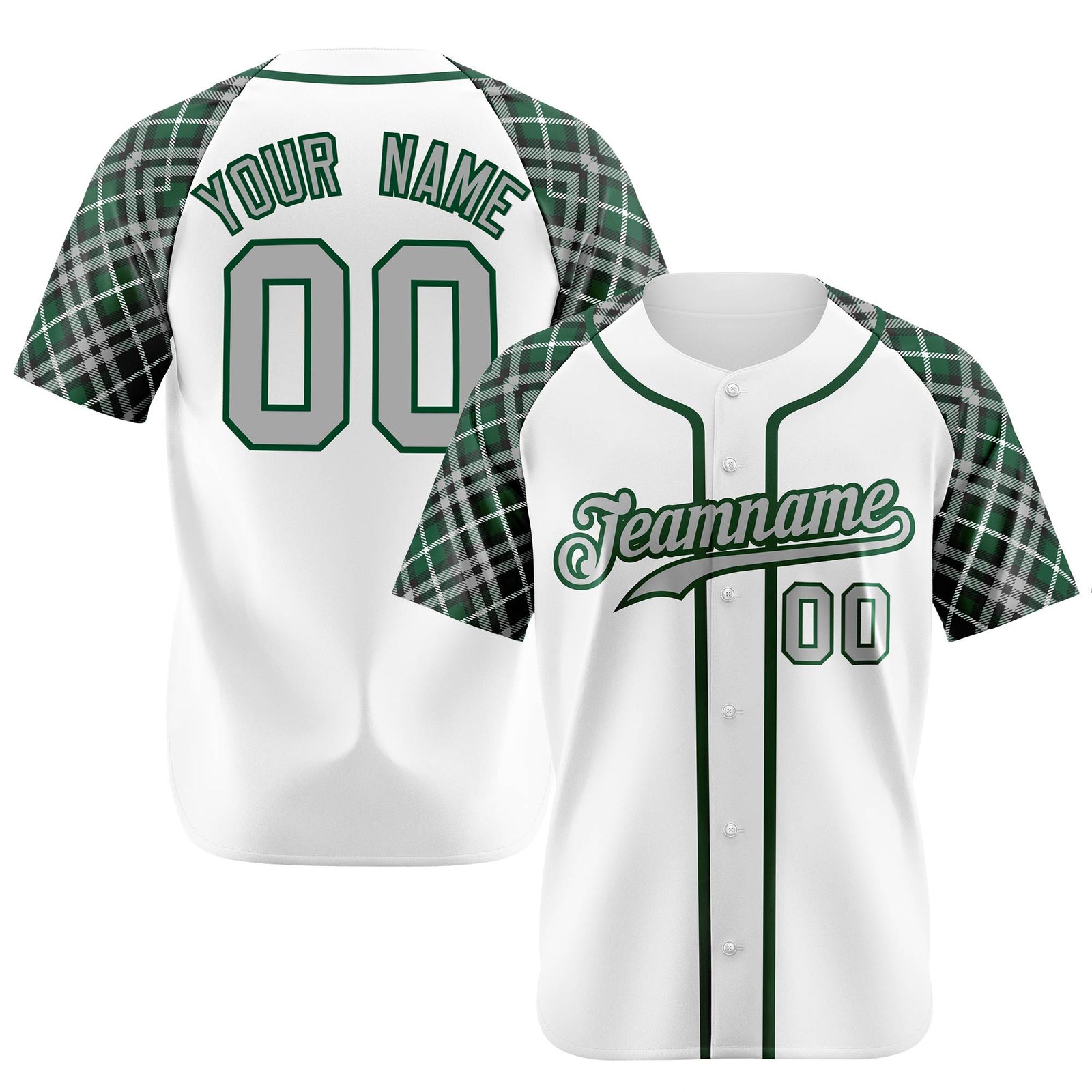 Custom White Green-Gray Authentic Plaid sleeve Baseball Jersey