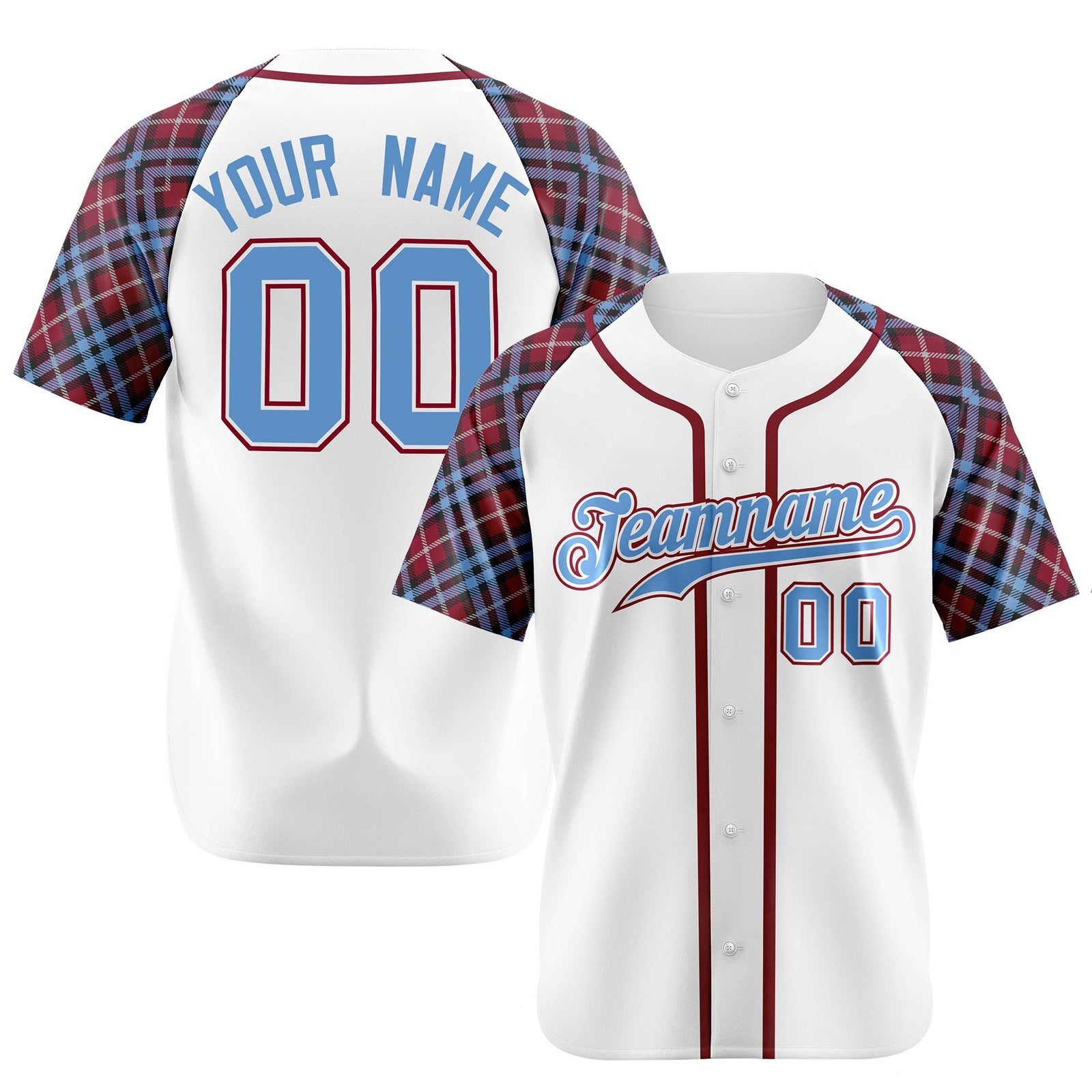 Custom White Light Blue Red Authentic Plaid sleeve Baseball Jersey