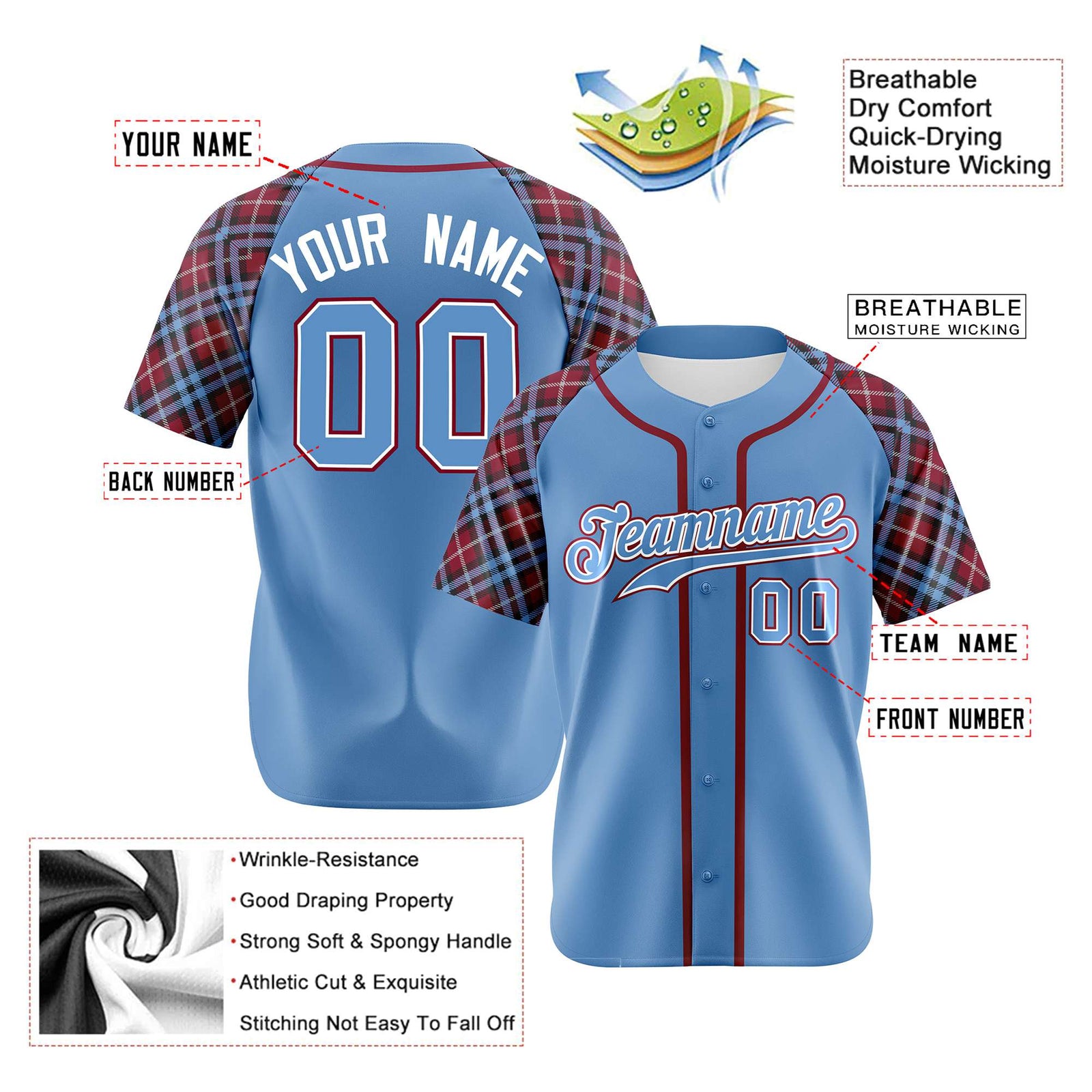 Custom Light Blue Red-White Authentic Plaid sleeve Baseball Jersey
