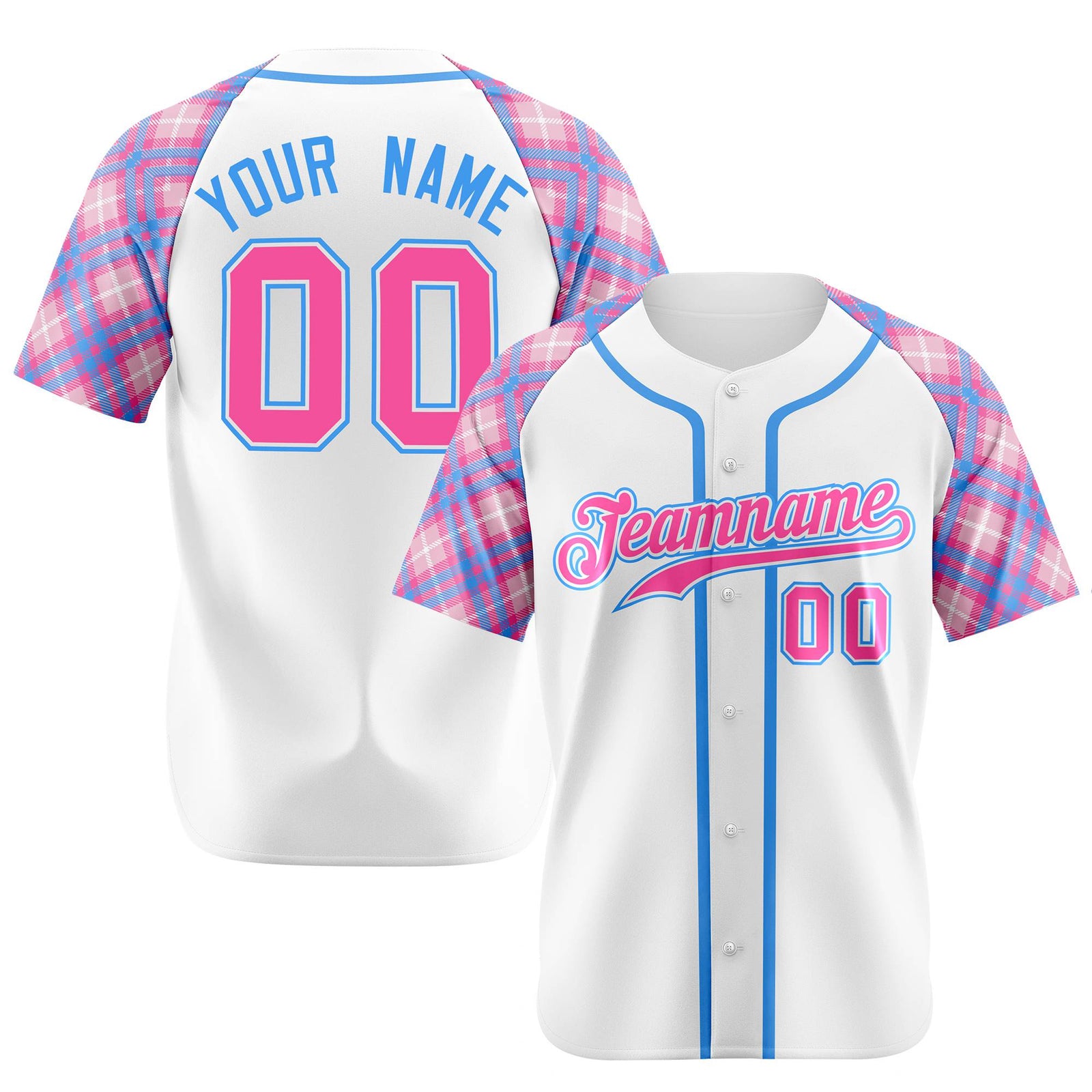 Custom White Pink-Blue Authentic Plaid sleeve Baseball Jersey