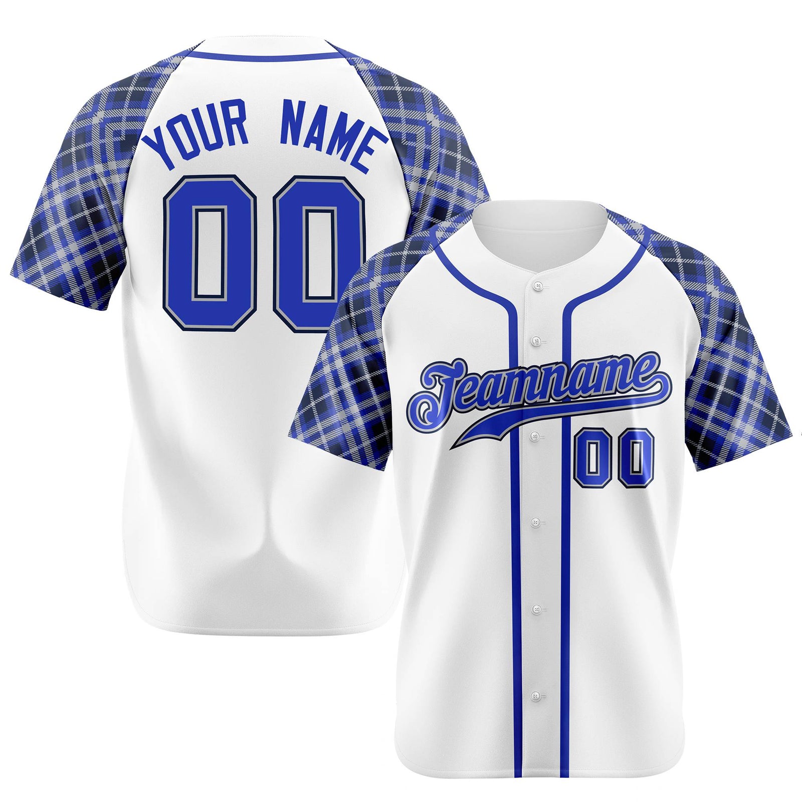 Custom White Purple-Black Authentic Plaid sleeve Baseball Jersey