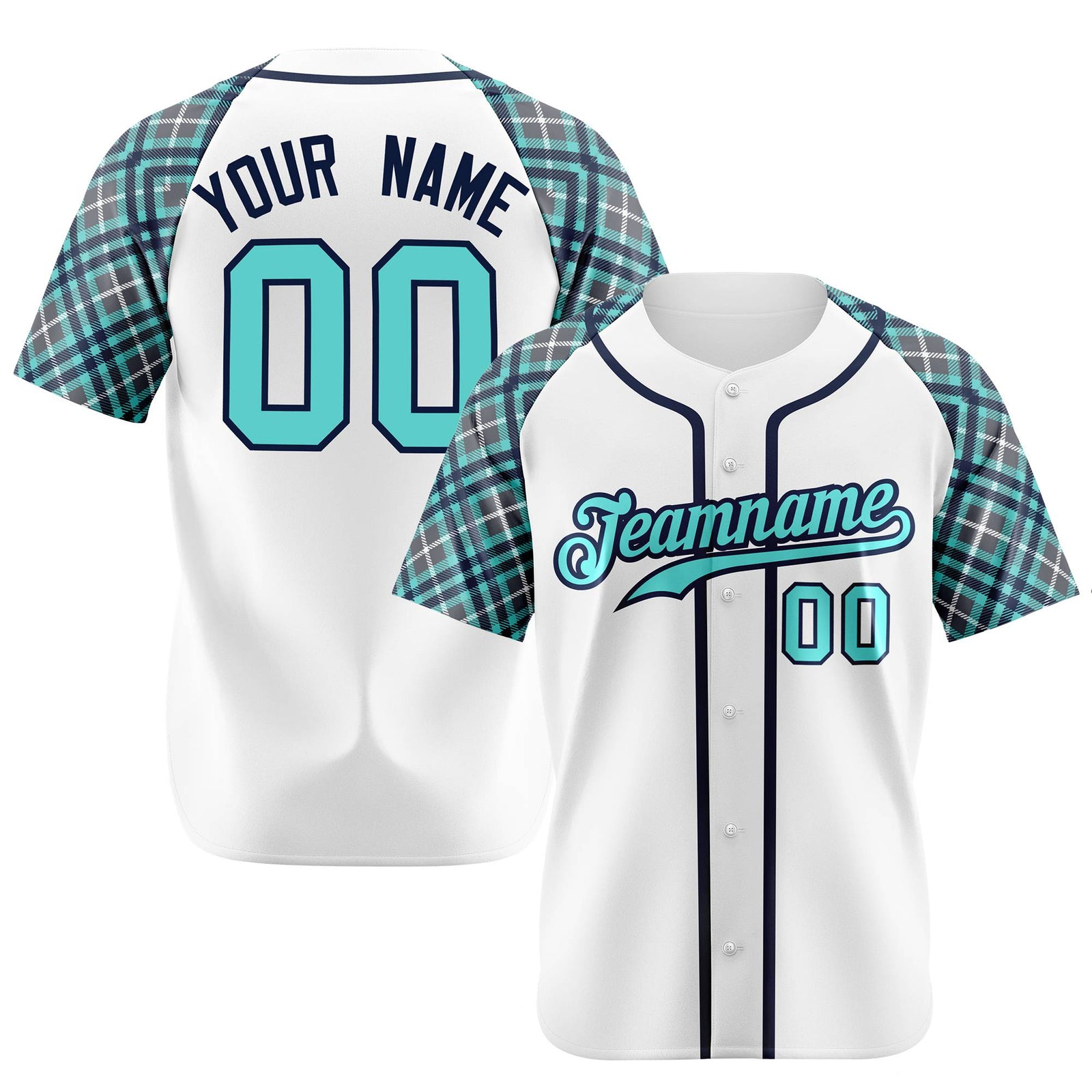 Custom White Light-Blue Navy Authentic Plaid sleeve Baseball Jersey