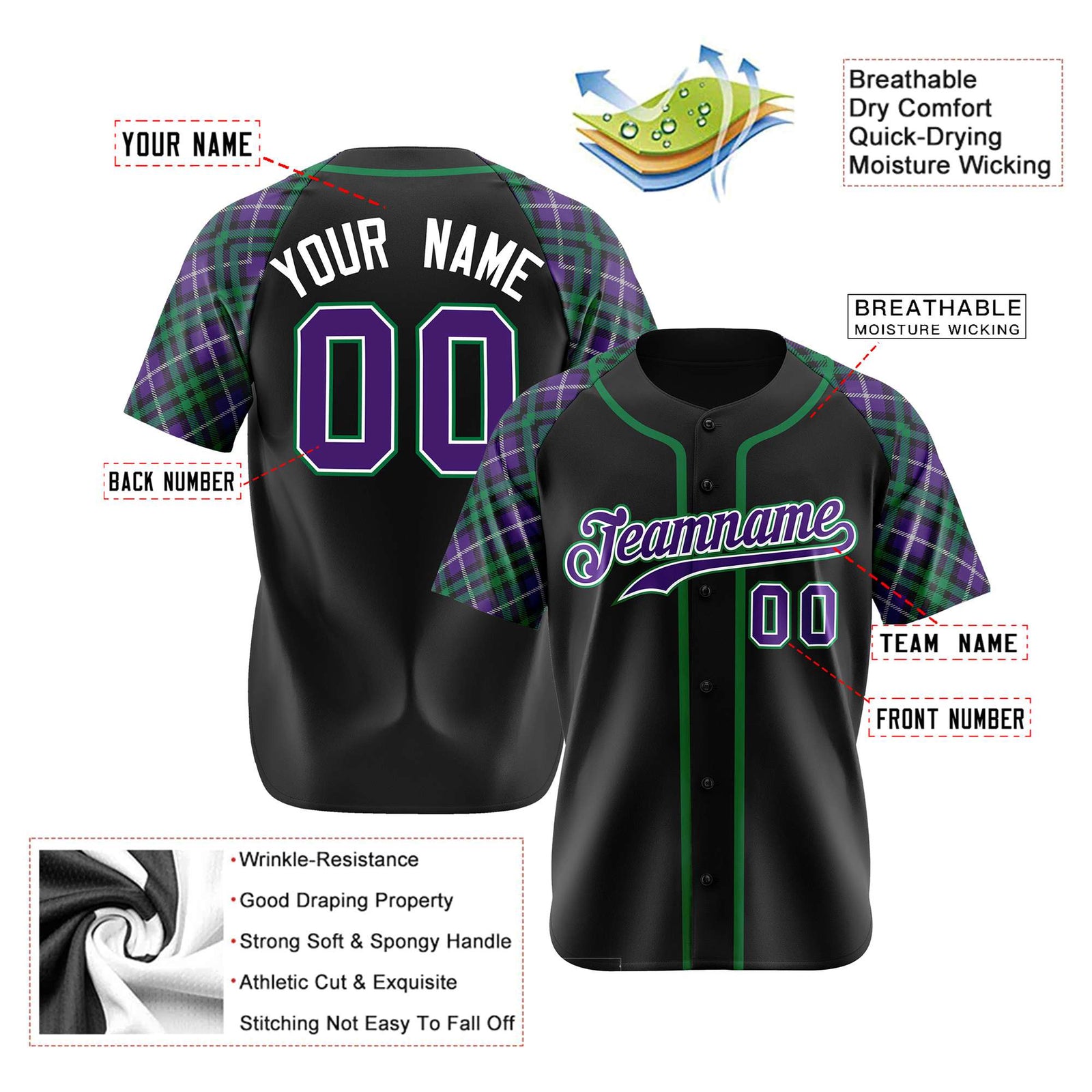 Custom Black Purple-Green Authentic Plaid sleeve Baseball Jersey