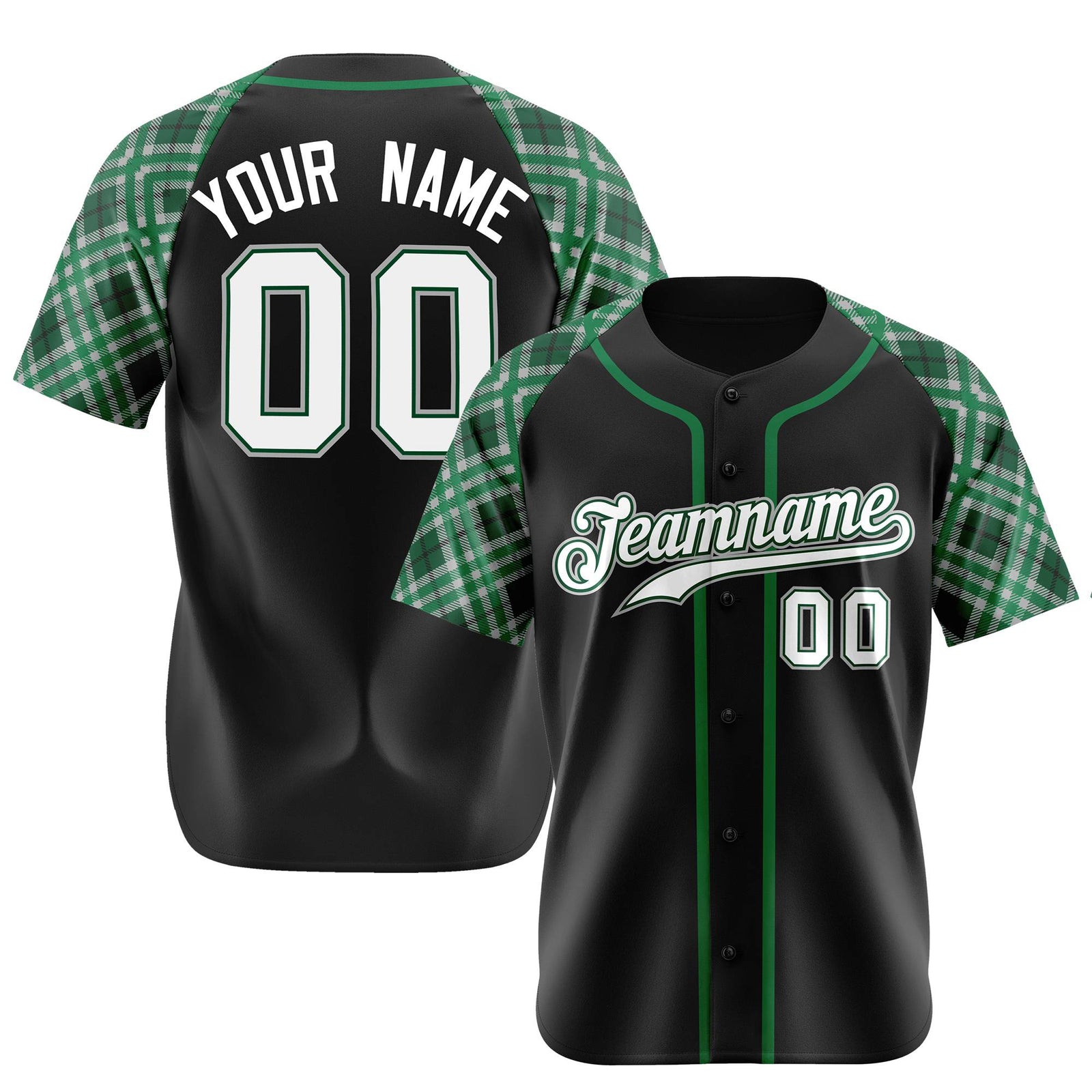Custom Black Kelly-Green White Authentic Plaid sleeve Baseball Jersey