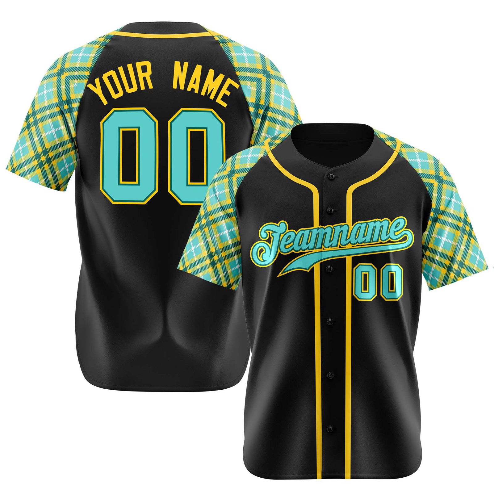 Custom Black Yellow Light-Bule Authentic Plaid sleeve Baseball Jersey