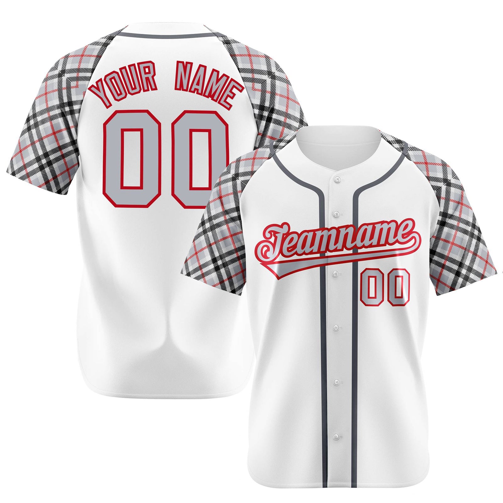 Custom White Gray-Red Black Authentic Plaid sleeve Baseball Jersey