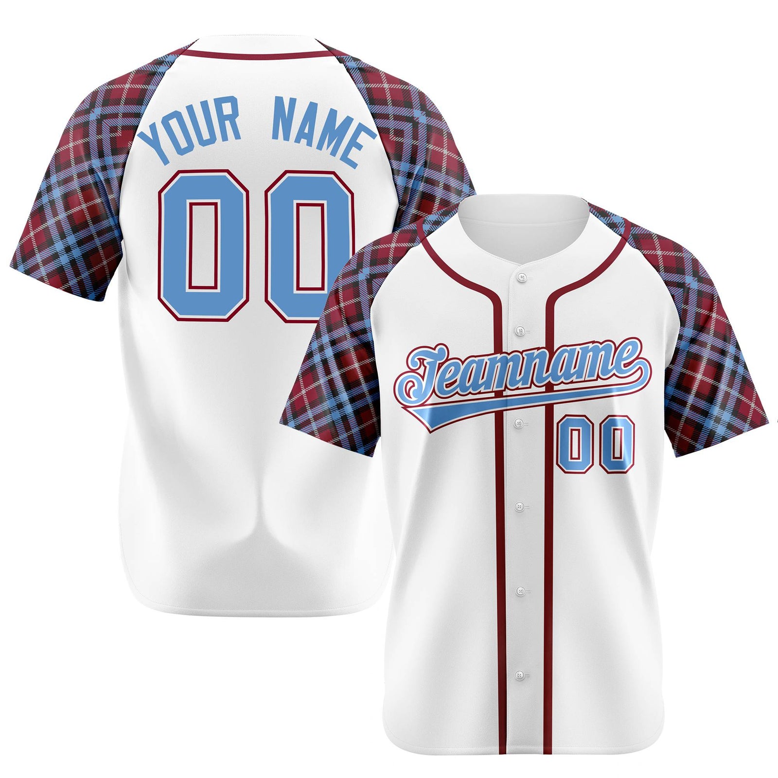 Custom White Light Blue Red Authentic Plaid sleeve Baseball Jersey