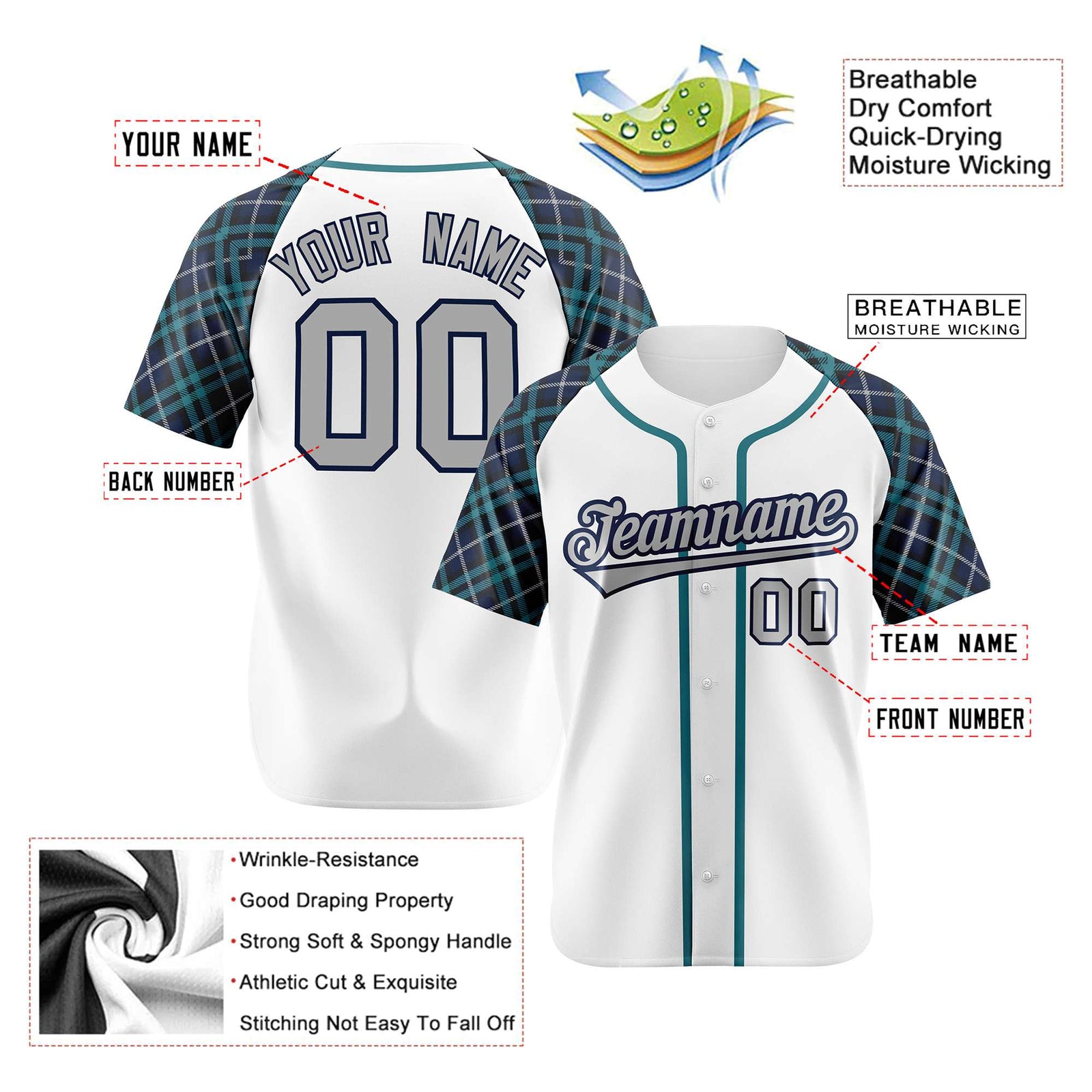 Custom White Greem-Gray Authentic Plaid sleeve Baseball Jersey