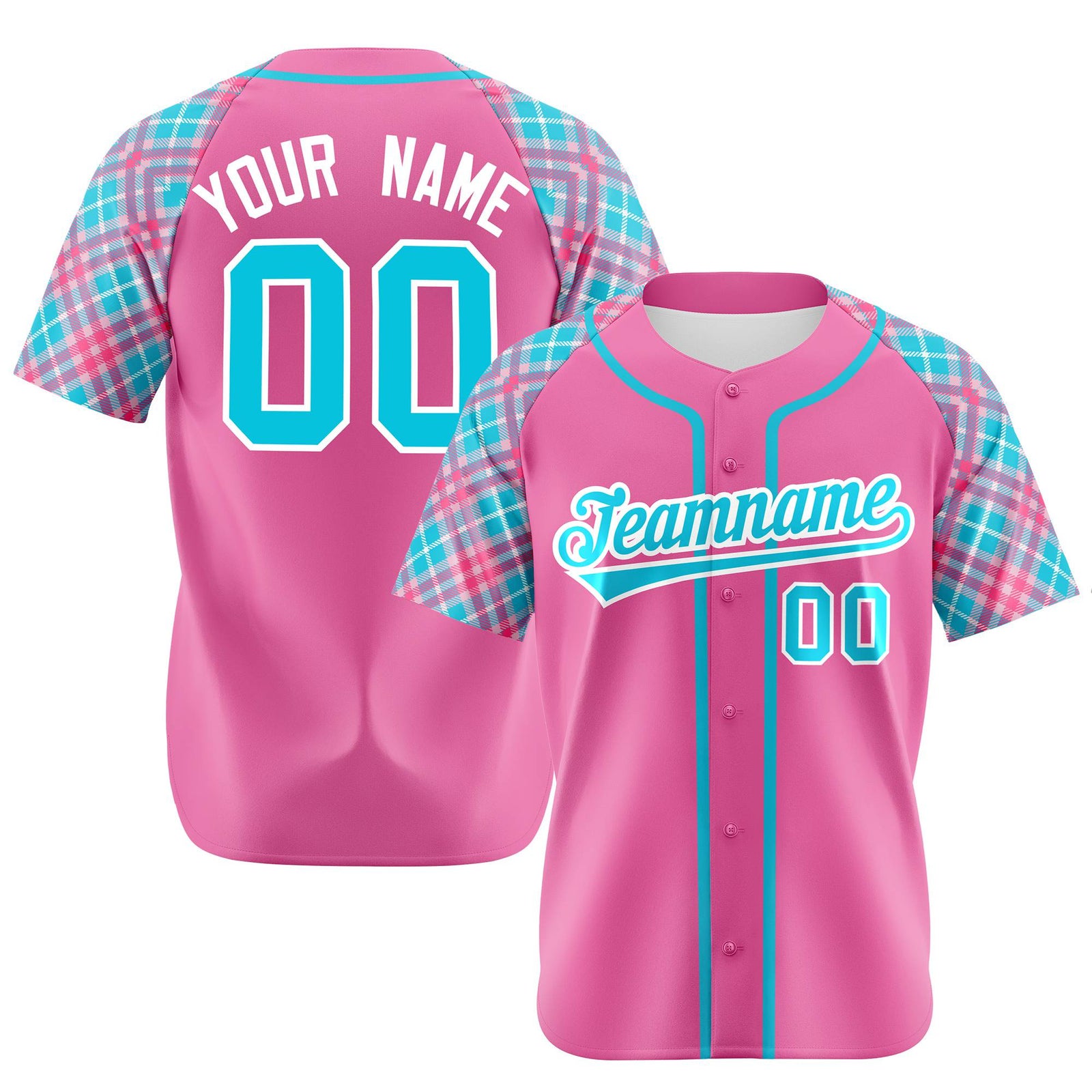 Custom Pink Light Blue-White Authentic Plaid sleeve Baseball Jersey