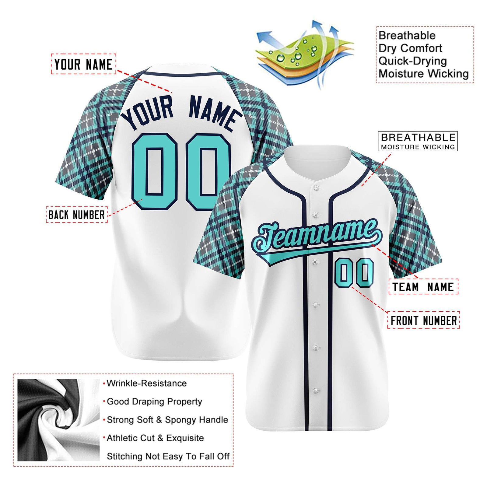 Custom White Light-Blue Navy Authentic Plaid sleeve Baseball Jersey