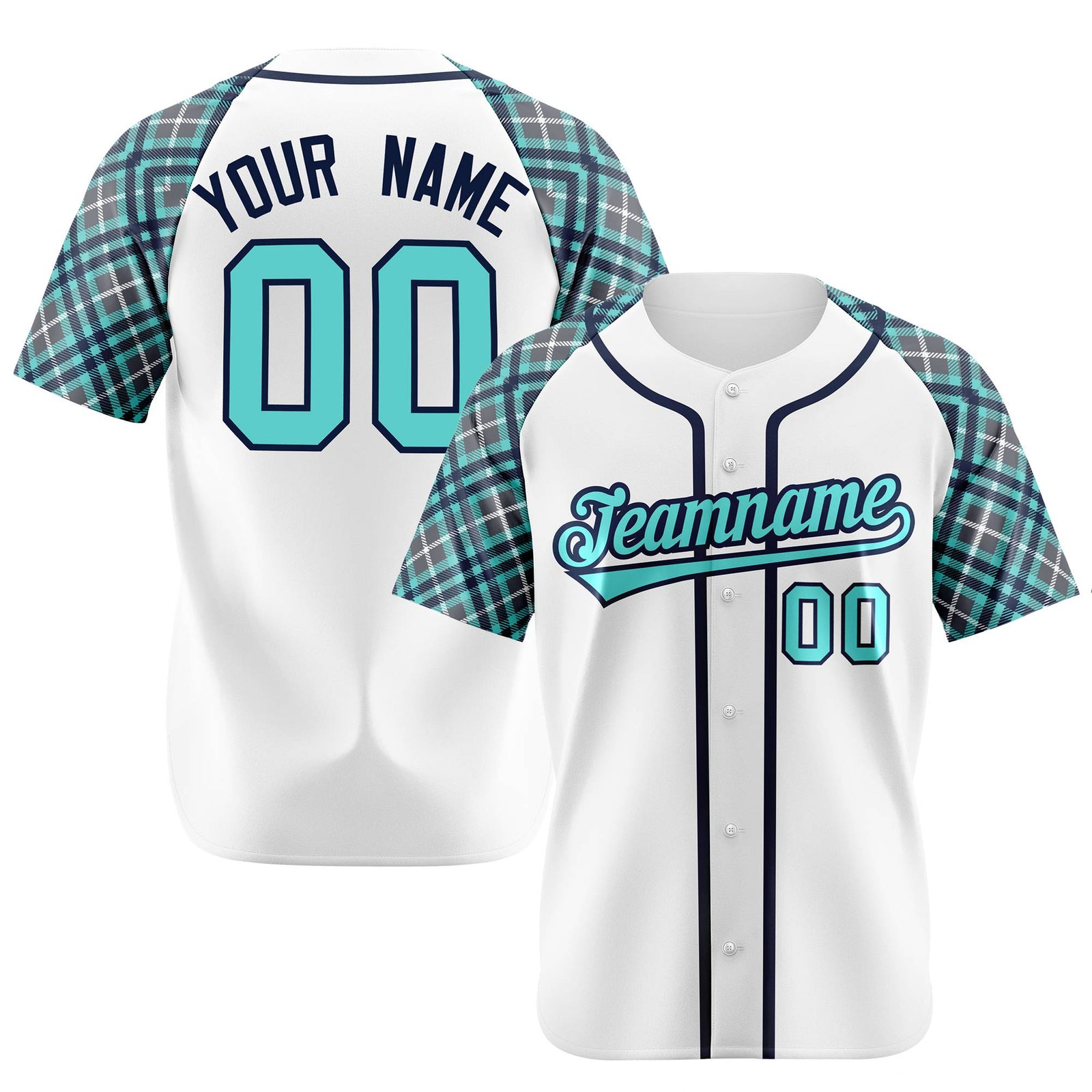 Custom White Light-Blue Navy Authentic Plaid sleeve Baseball Jersey