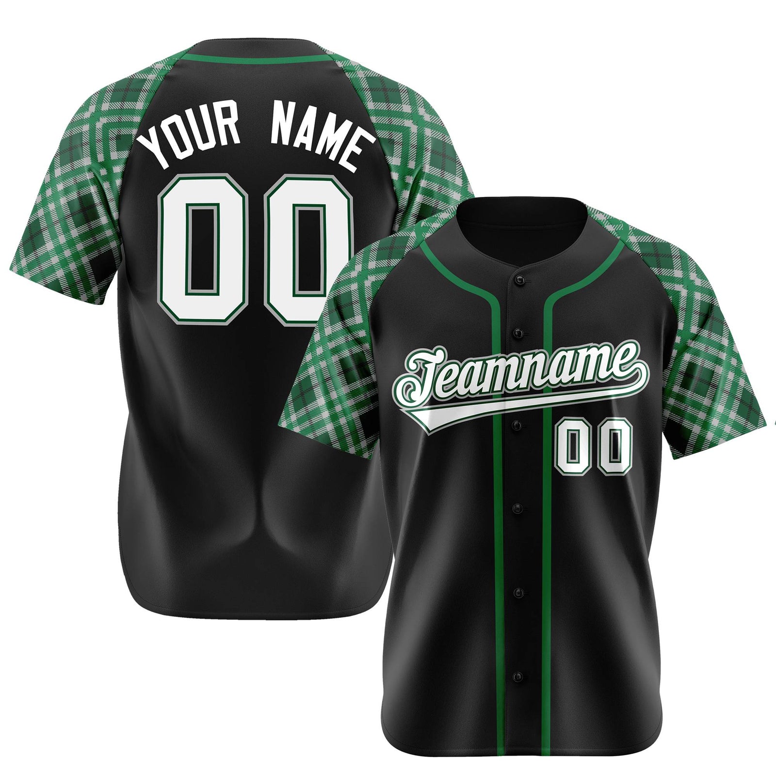 Custom Black Kelly-Green White Authentic Plaid sleeve Baseball Jersey