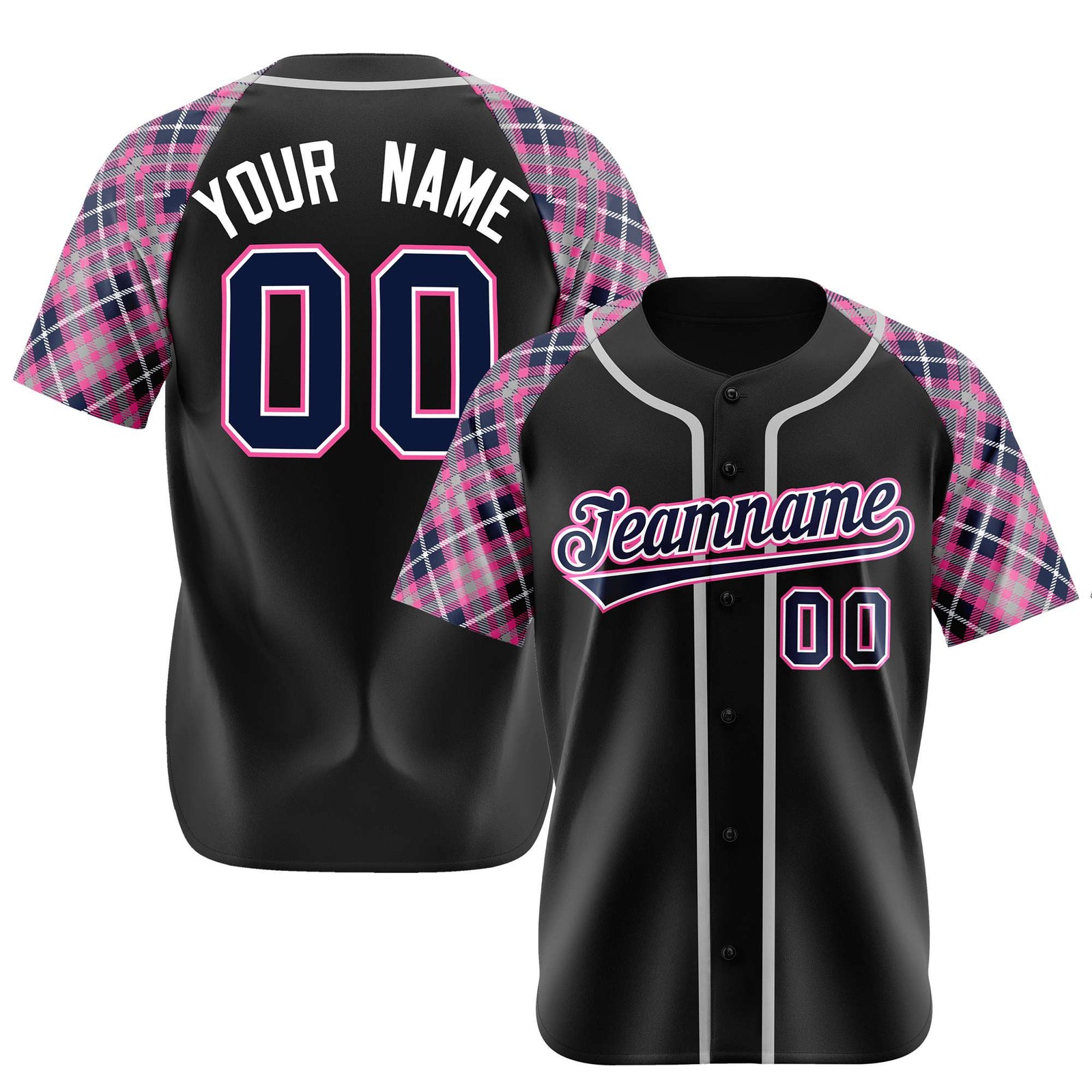 Custom Black Pink-Navy White Authentic Plaid sleeve Baseball Jersey
