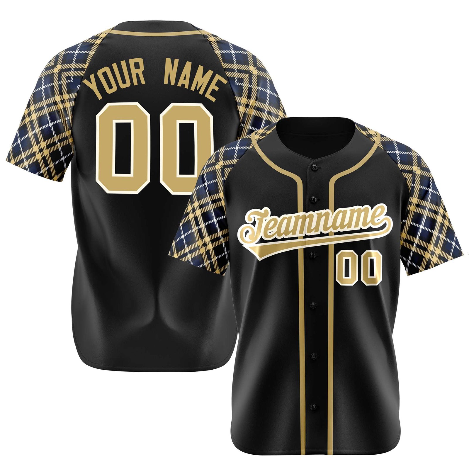 Custom Black Old-Gold White Navy Authentic Plaid sleeve Baseball Jersey