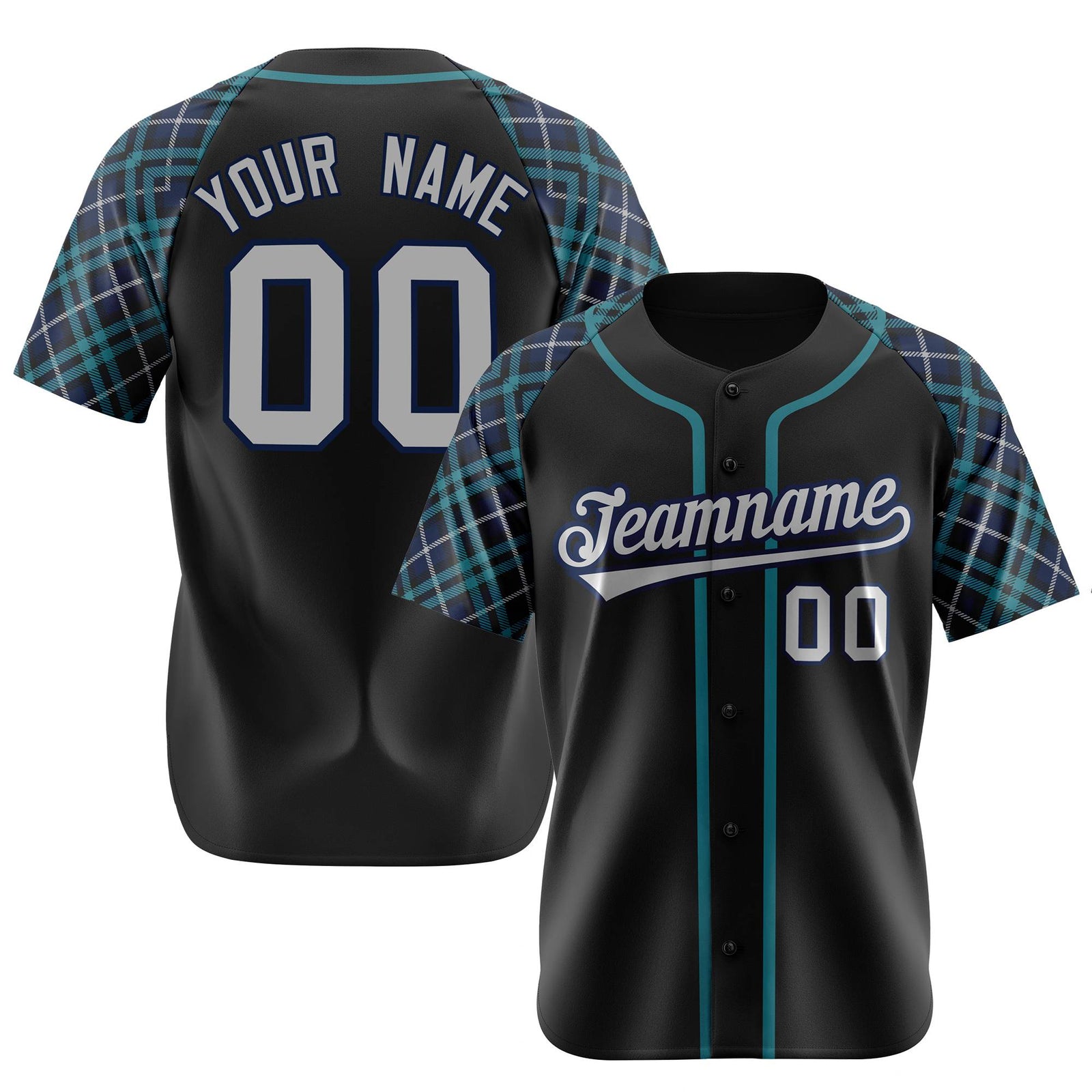 Custom Black Midnight-Green Gray Authentic Plaid sleeve Baseball Jersey