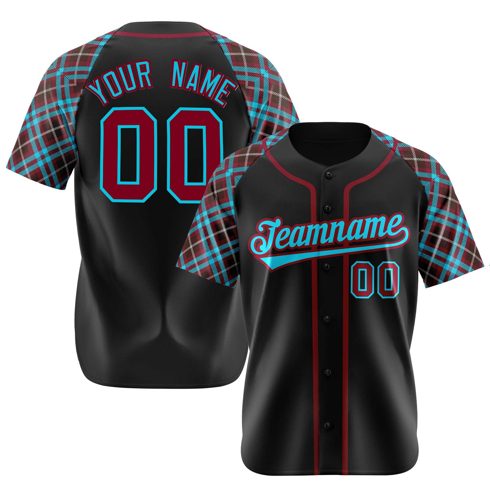Custom Black Burgundy Light-Blue Authentic Plaid sleeve Baseball Jersey
