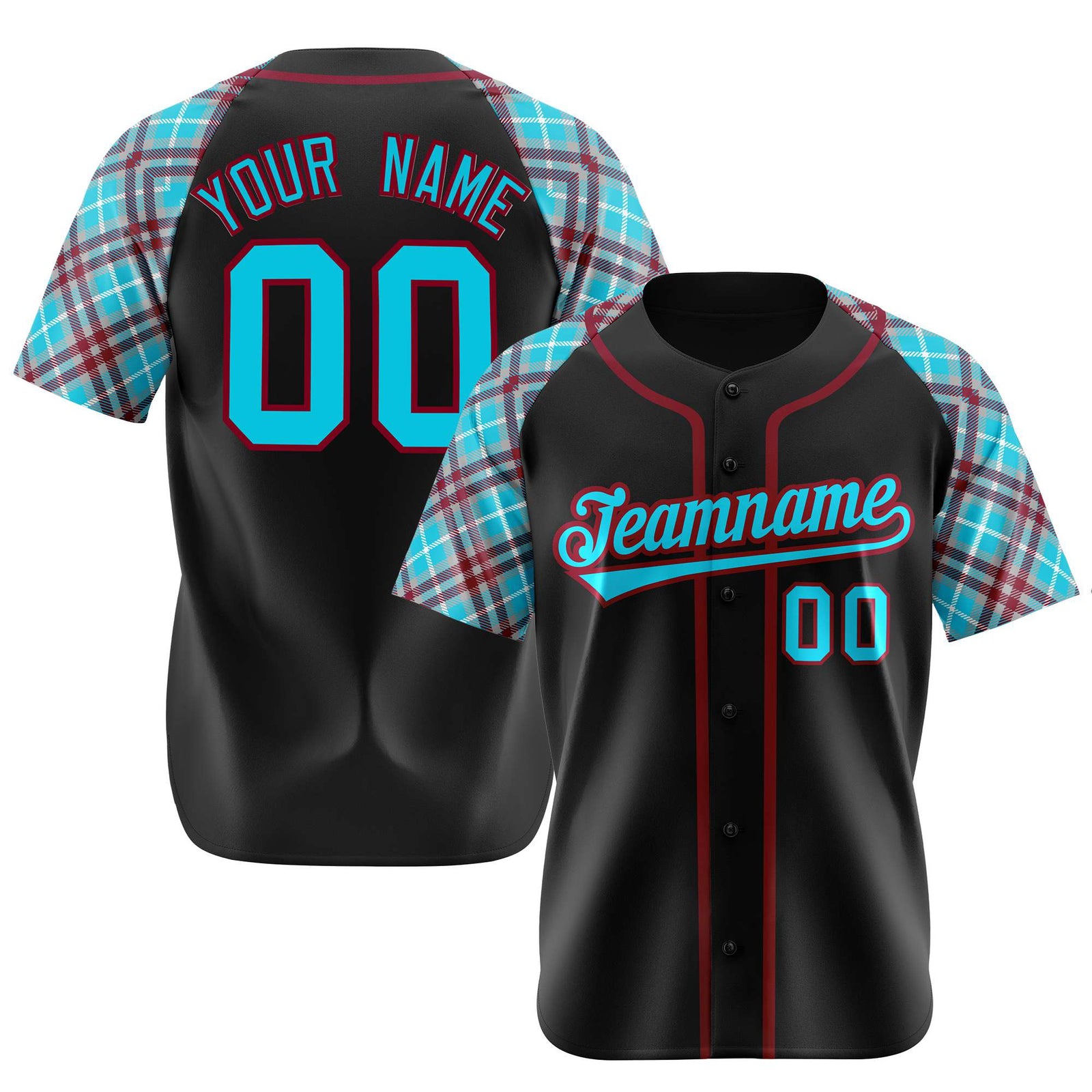 Custom Black Burgundy Light-Bule Authentic Plaid sleeve Baseball Jersey