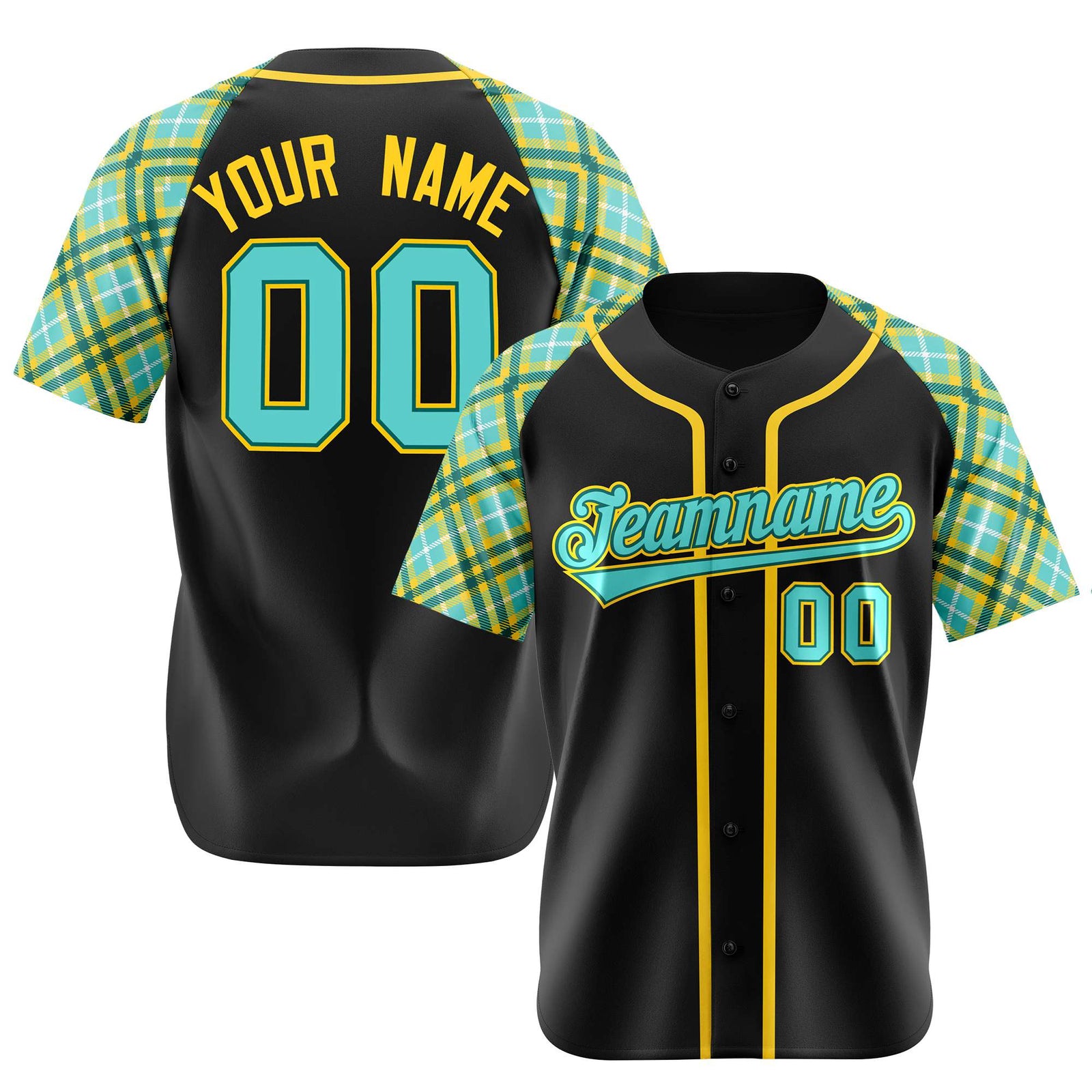 Custom Black Yellow Light-Bule Authentic Plaid sleeve Baseball Jersey