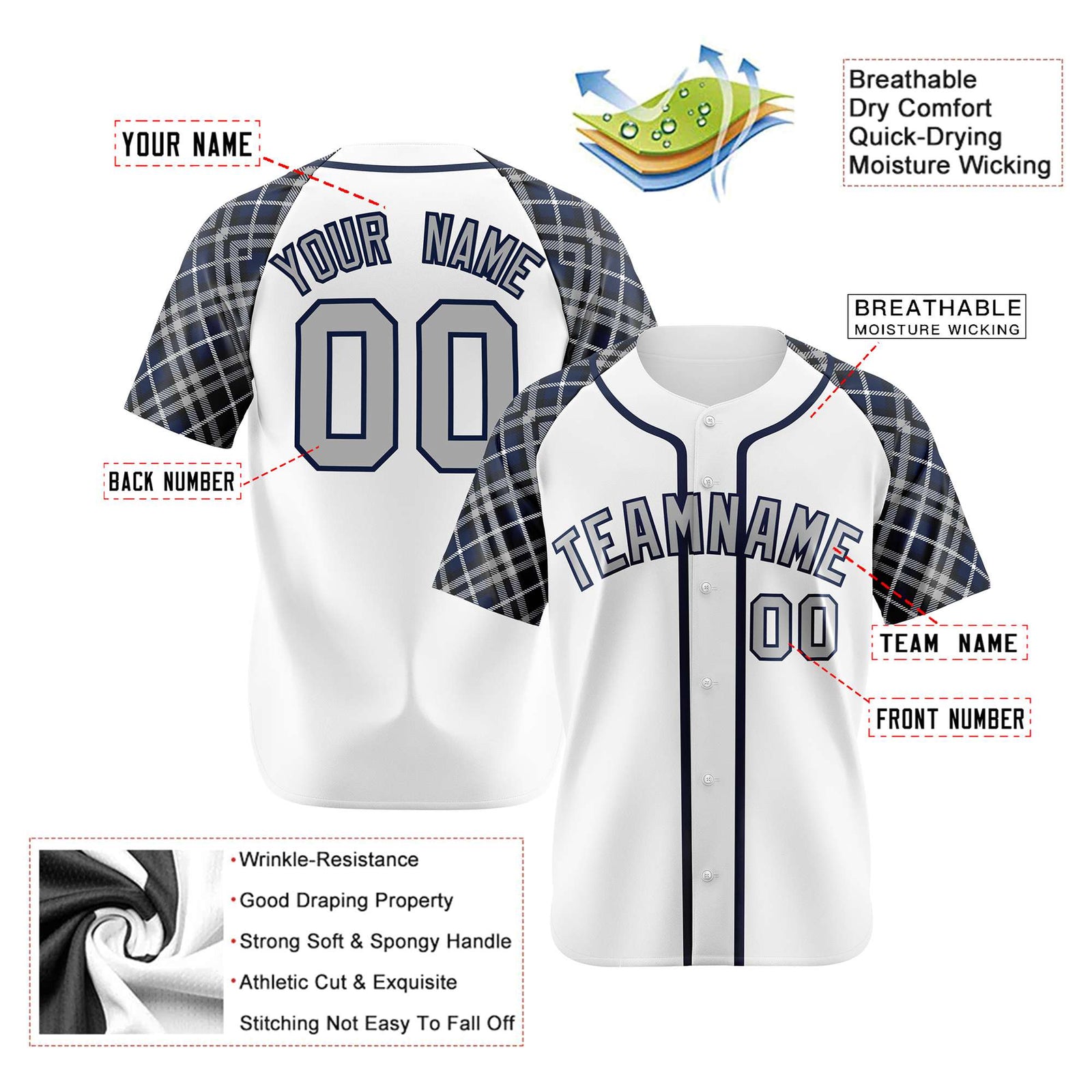 Custom White Gray-Navy Authentic Plaid sleeve Baseball Jersey