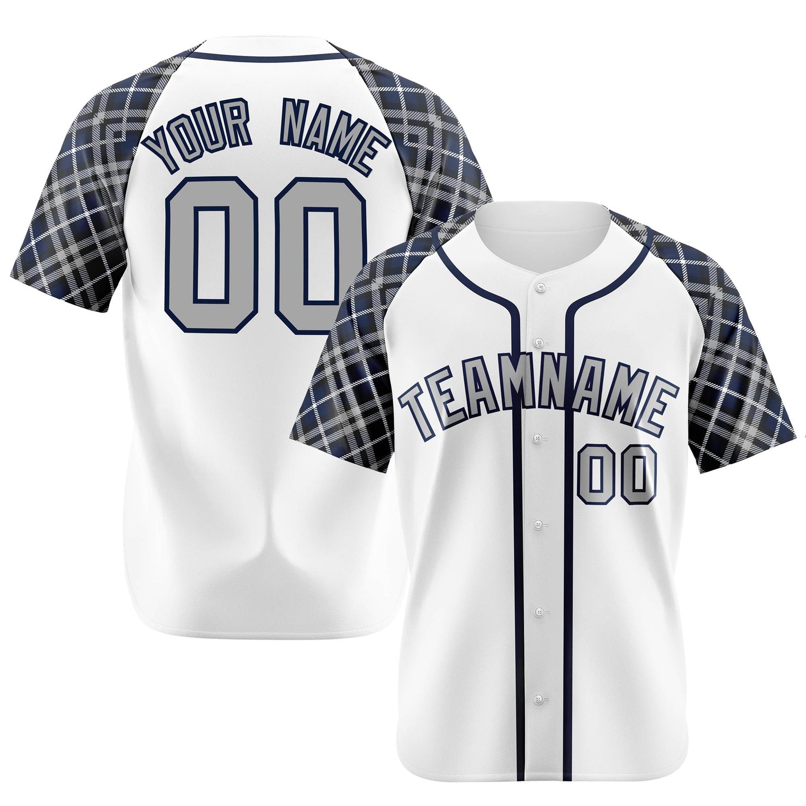 Custom White Gray-Navy Authentic Plaid sleeve Baseball Jersey