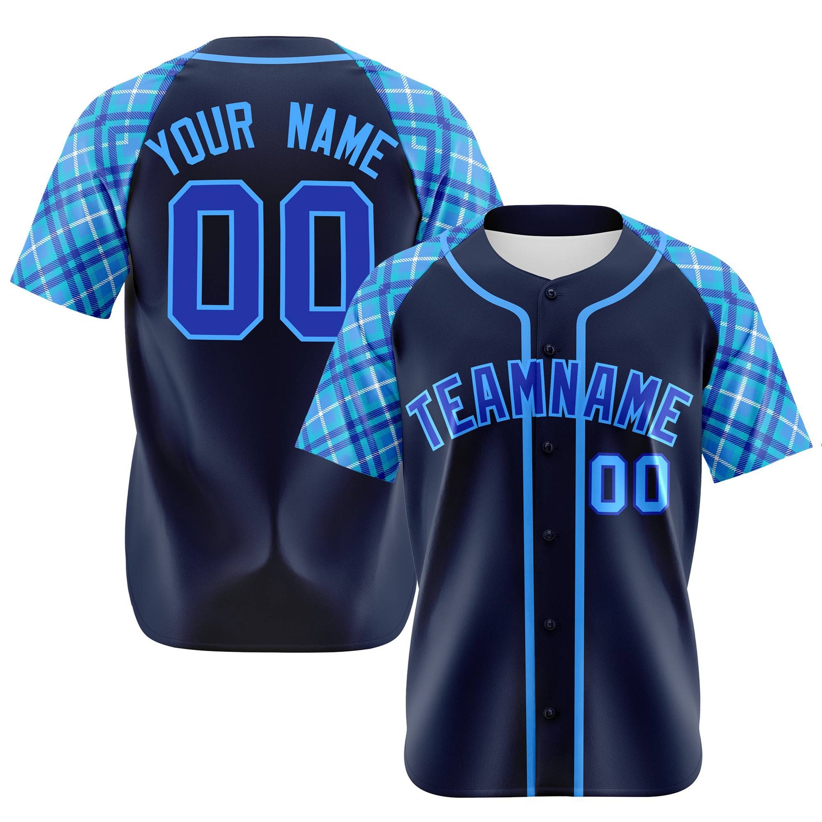 Custom Navy Purple-Blue Authentic Plaid sleeve Baseball Jersey