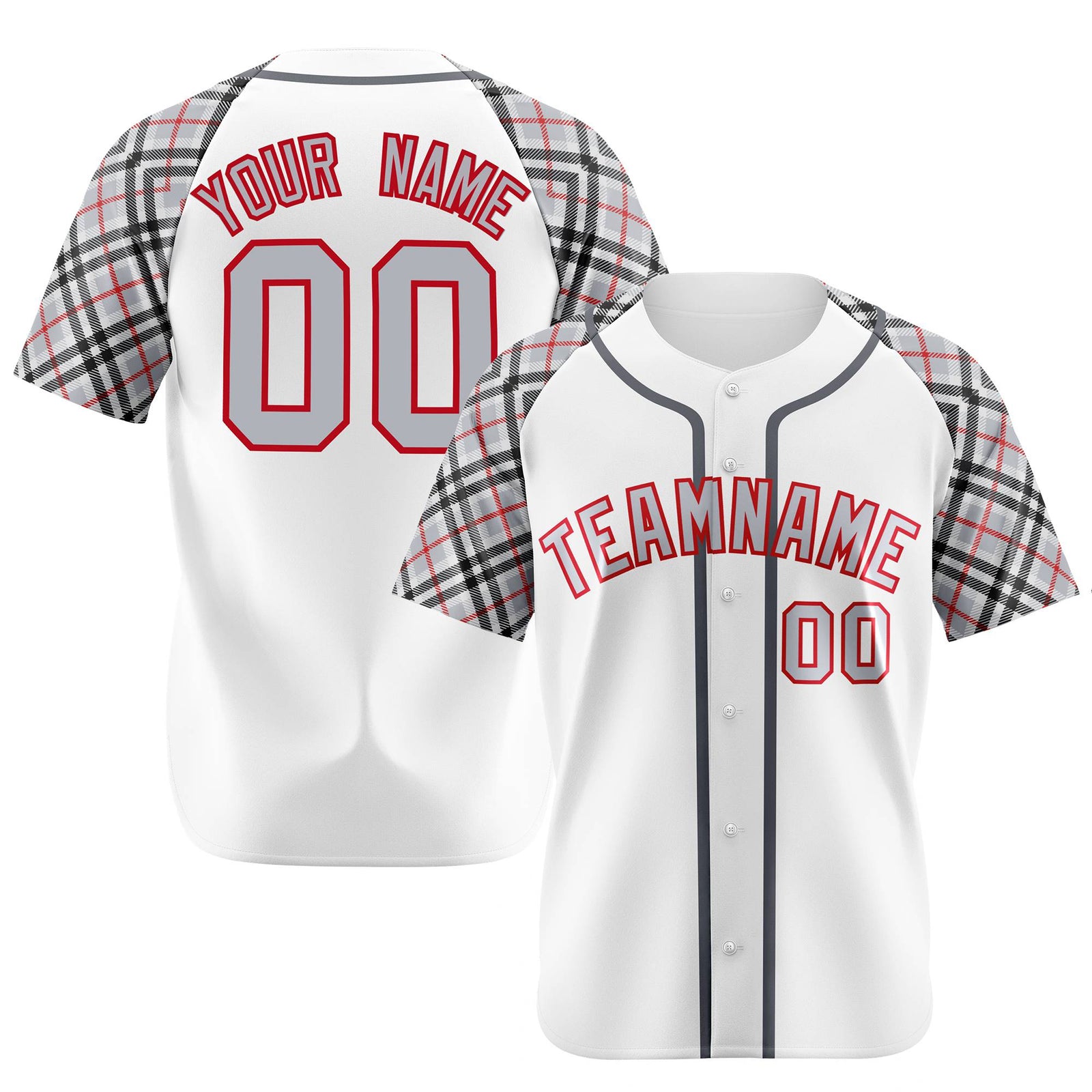 Custom White Gray-Red Black Authentic Plaid sleeve Baseball Jersey