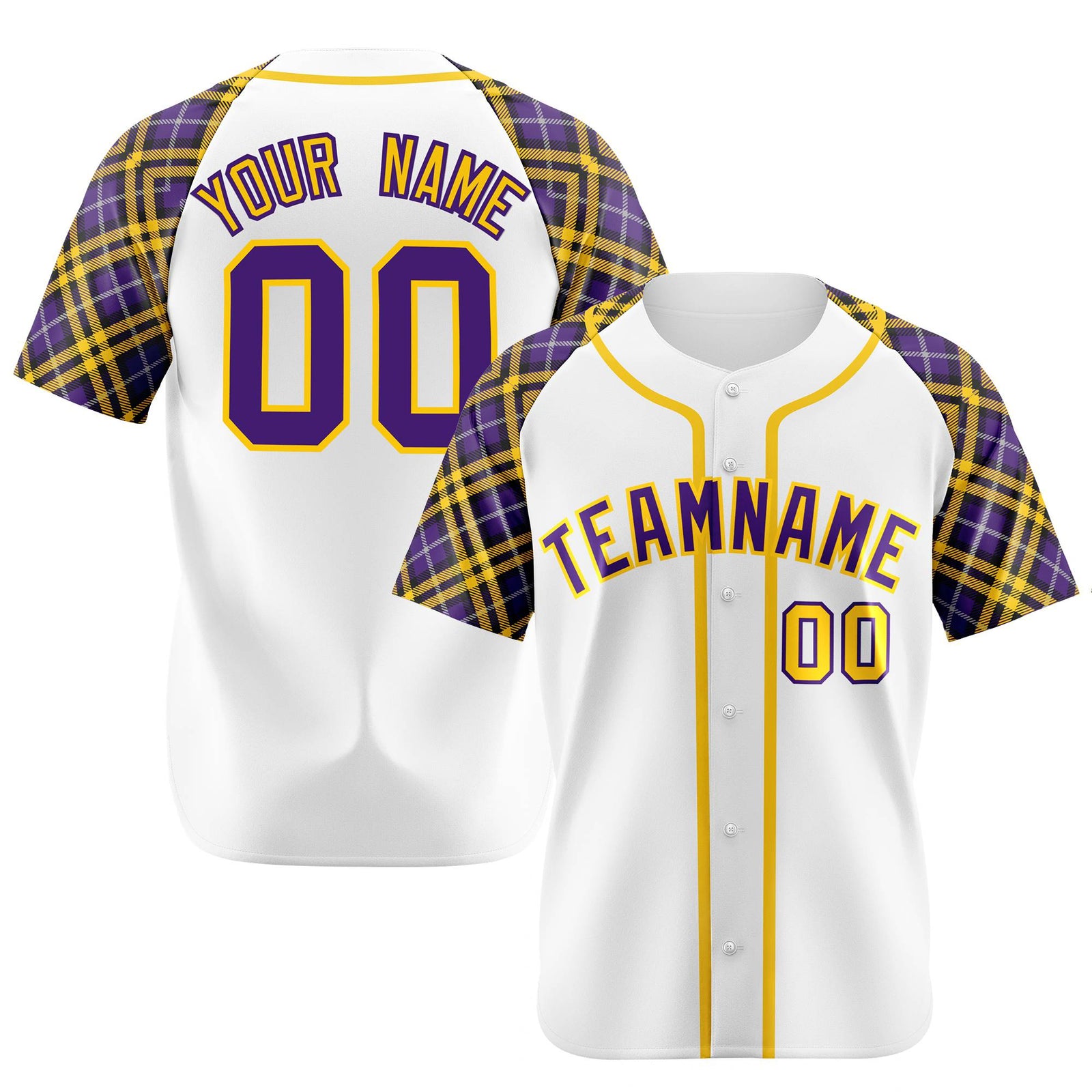 Custom White Purple-Yellow Authentic Plaid sleeve Baseball Jersey