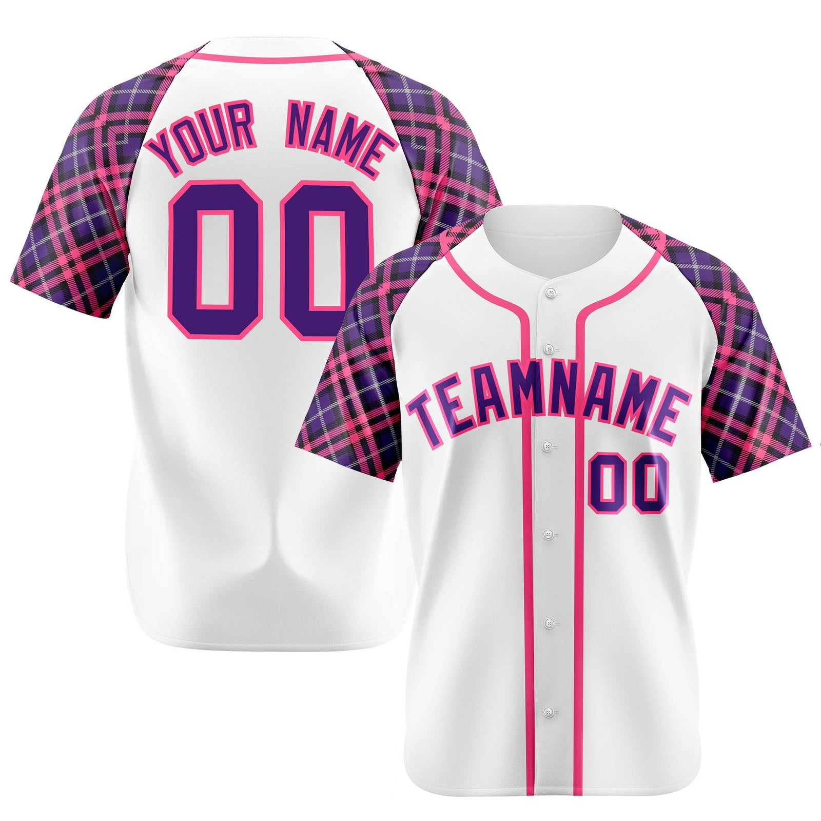 Custom White Purple-Pink Authentic Plaid sleeve Baseball Jersey