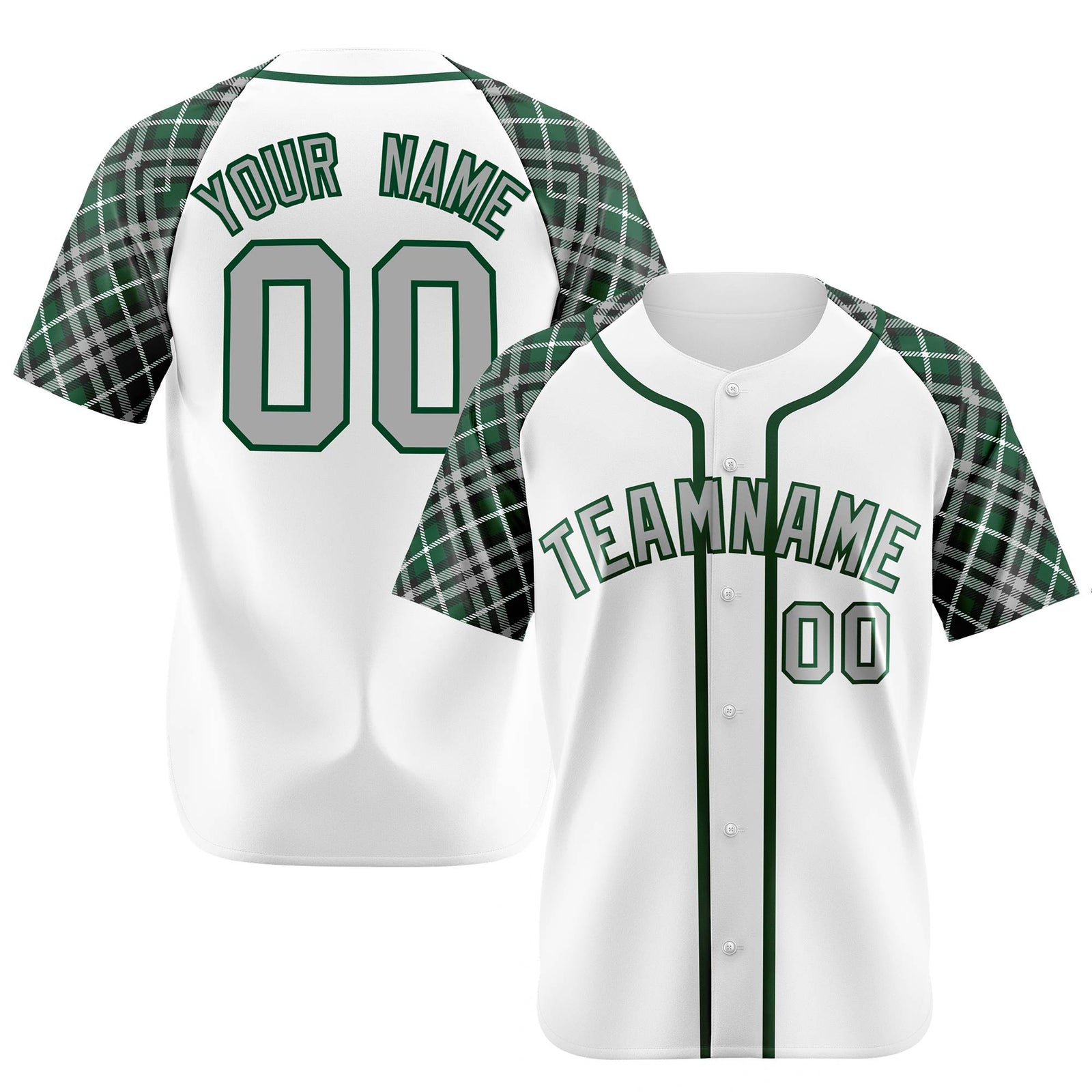 Custom White Green-Gray Authentic Plaid sleeve Baseball Jersey