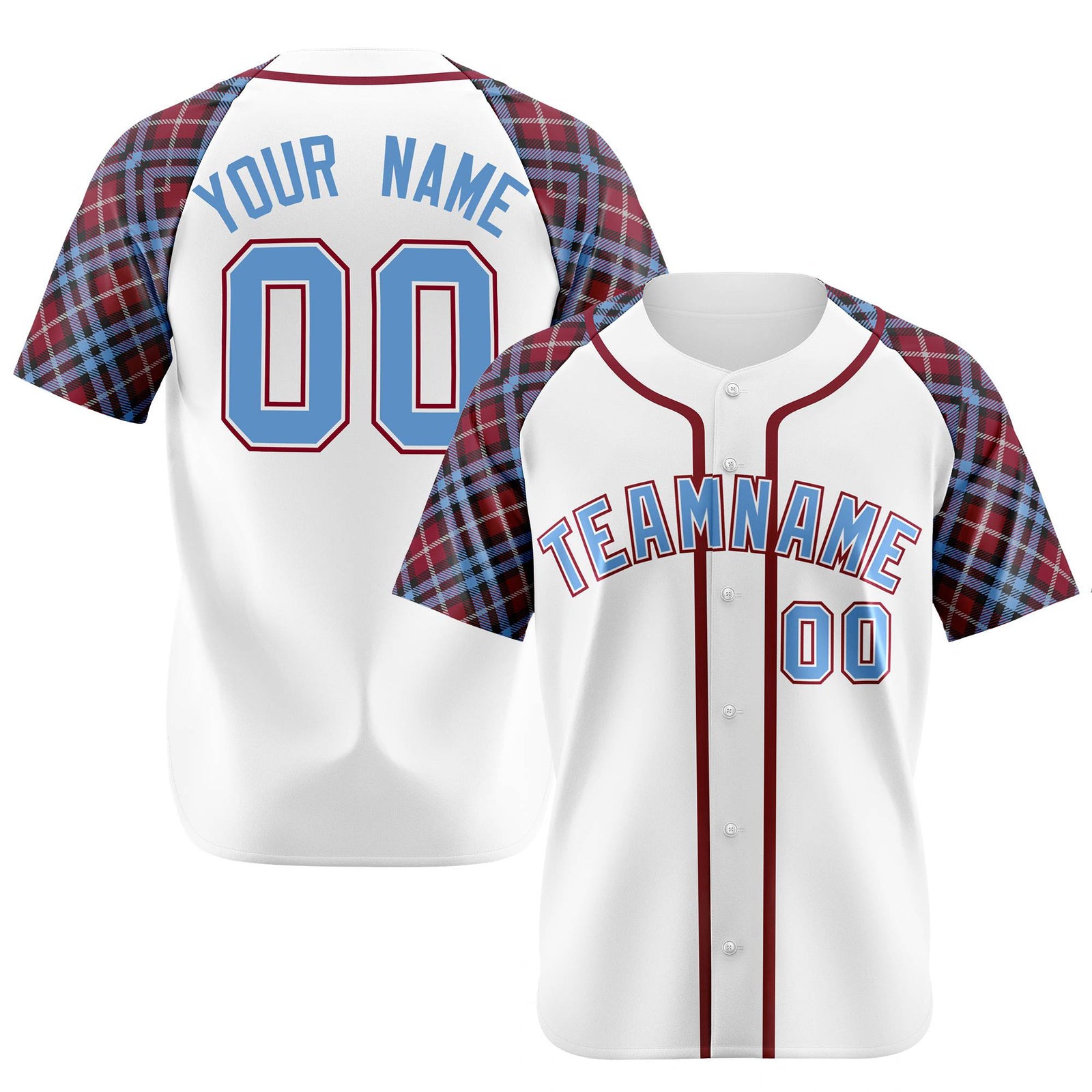 Custom White Light Blue Red Authentic Plaid sleeve Baseball Jersey