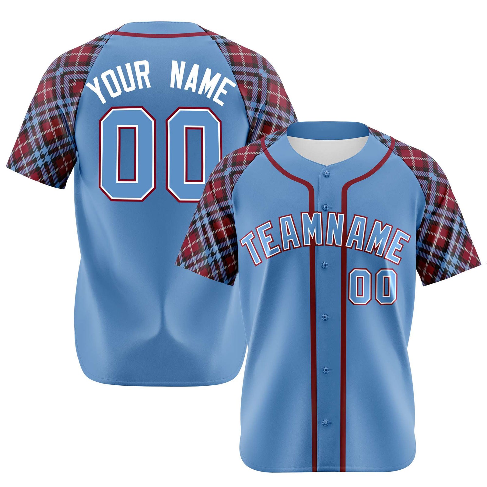 Custom Light Blue Red-White Authentic Plaid sleeve Baseball Jersey