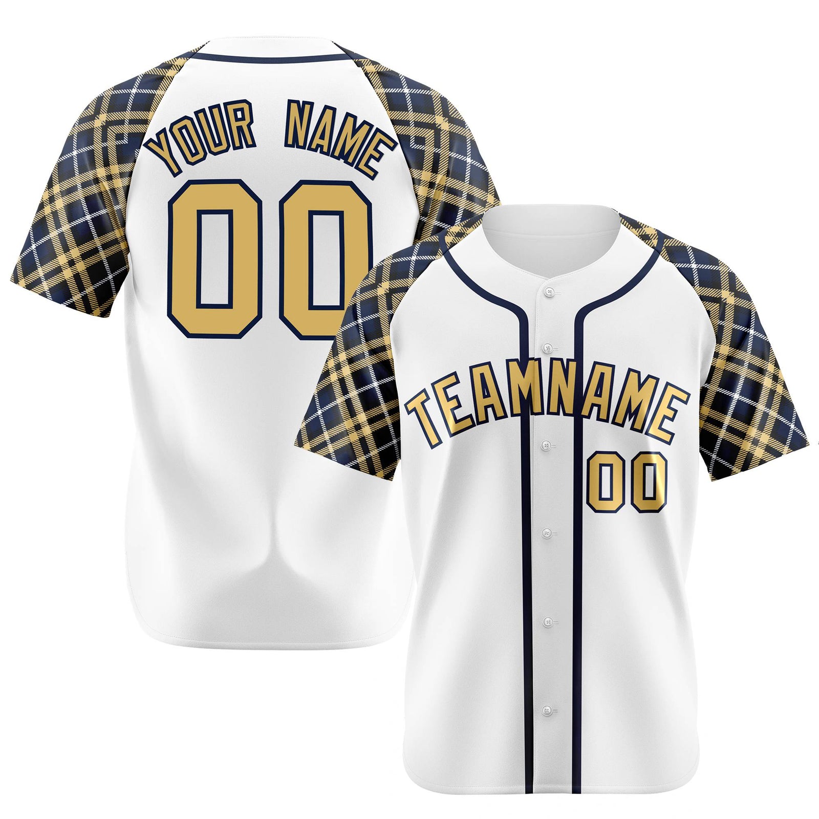 Custom White Yellow-Navy Authentic Plaid sleeve Baseball Jersey