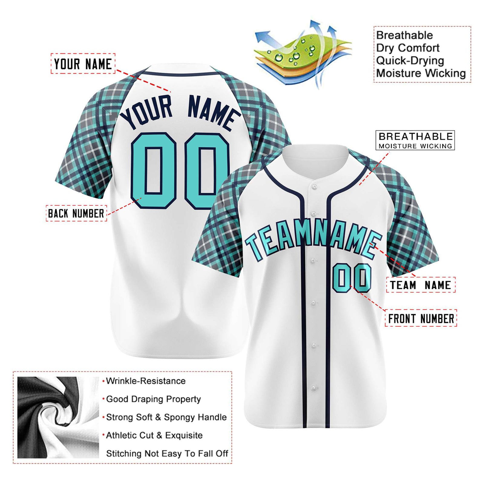 Custom White Light-Blue Navy Authentic Plaid sleeve Baseball Jersey