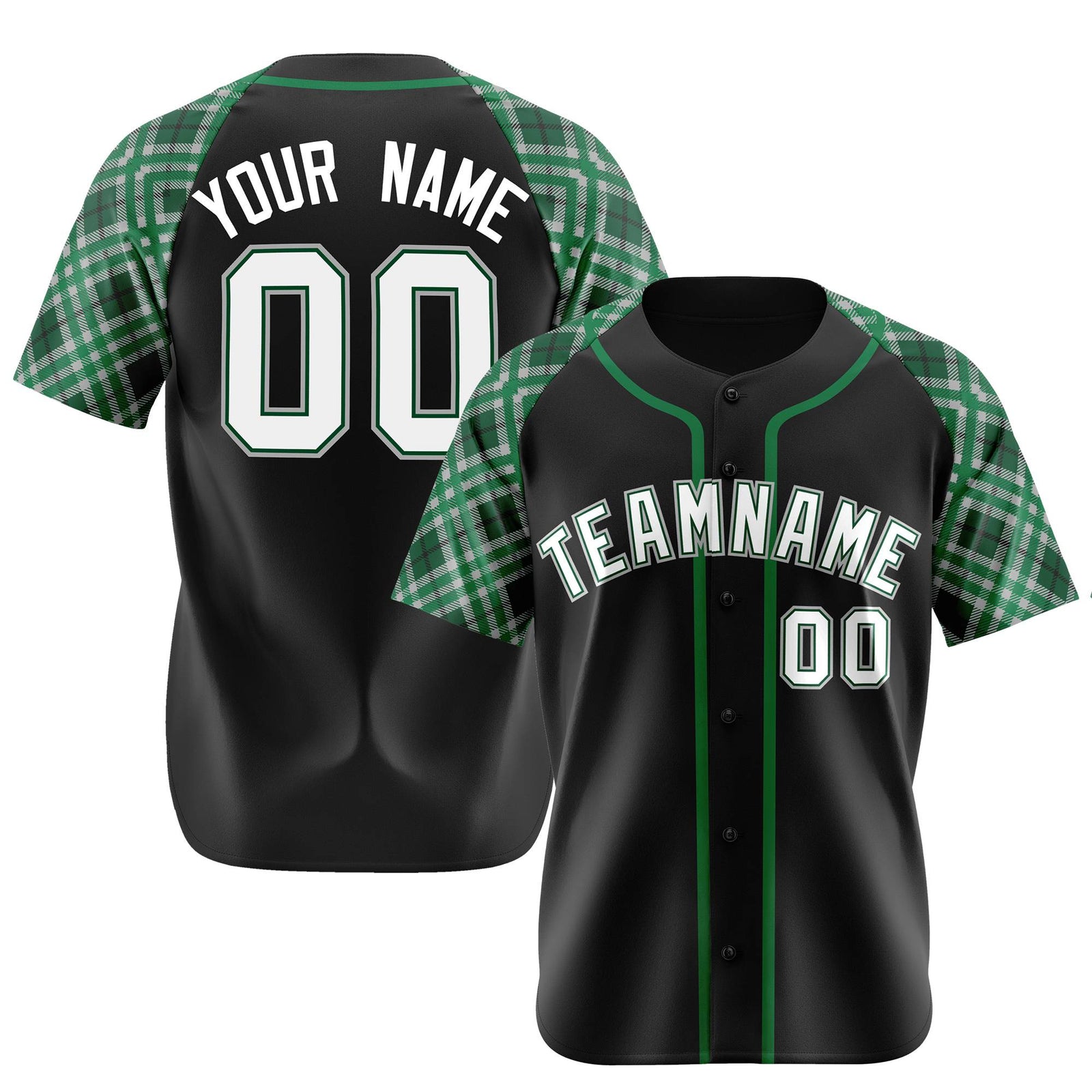 Custom Black Kelly-Green White Authentic Plaid sleeve Baseball Jersey