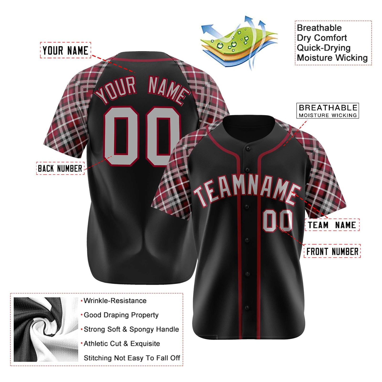 Custom Black Crimson-Gray Authentic Plaid sleeve Baseball Jersey