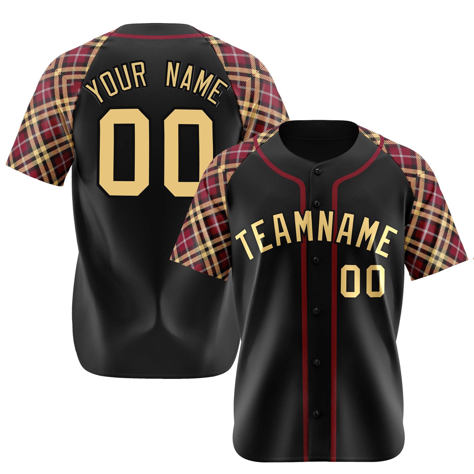 Custom Black Crimson Old-Gold Authentic Plaid sleeve Baseball Jersey