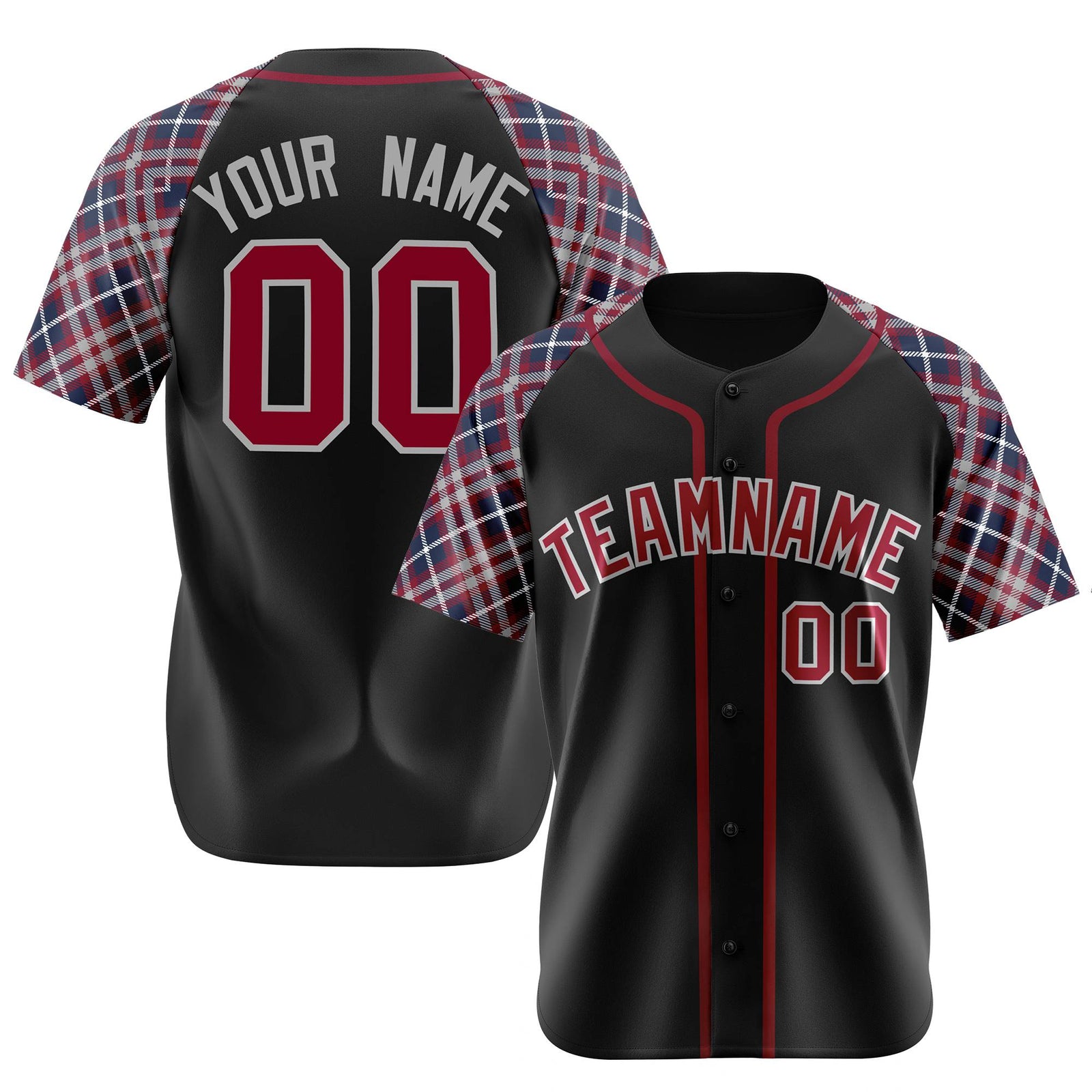 Custom Black Crimson-Gray Navy Authentic Plaid sleeve Baseball Jersey
