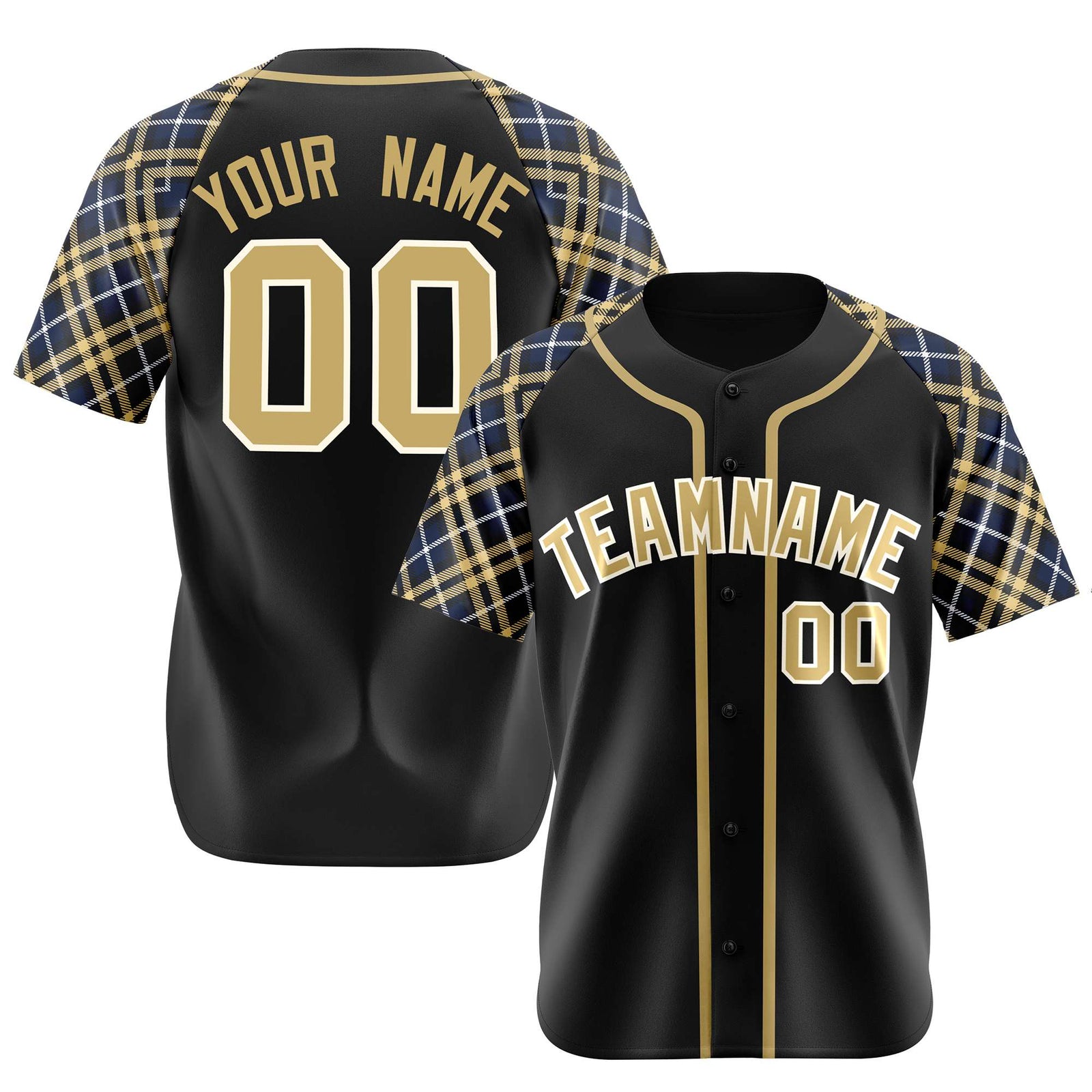 Custom Black Old-Gold White Navy Authentic Plaid sleeve Baseball Jersey