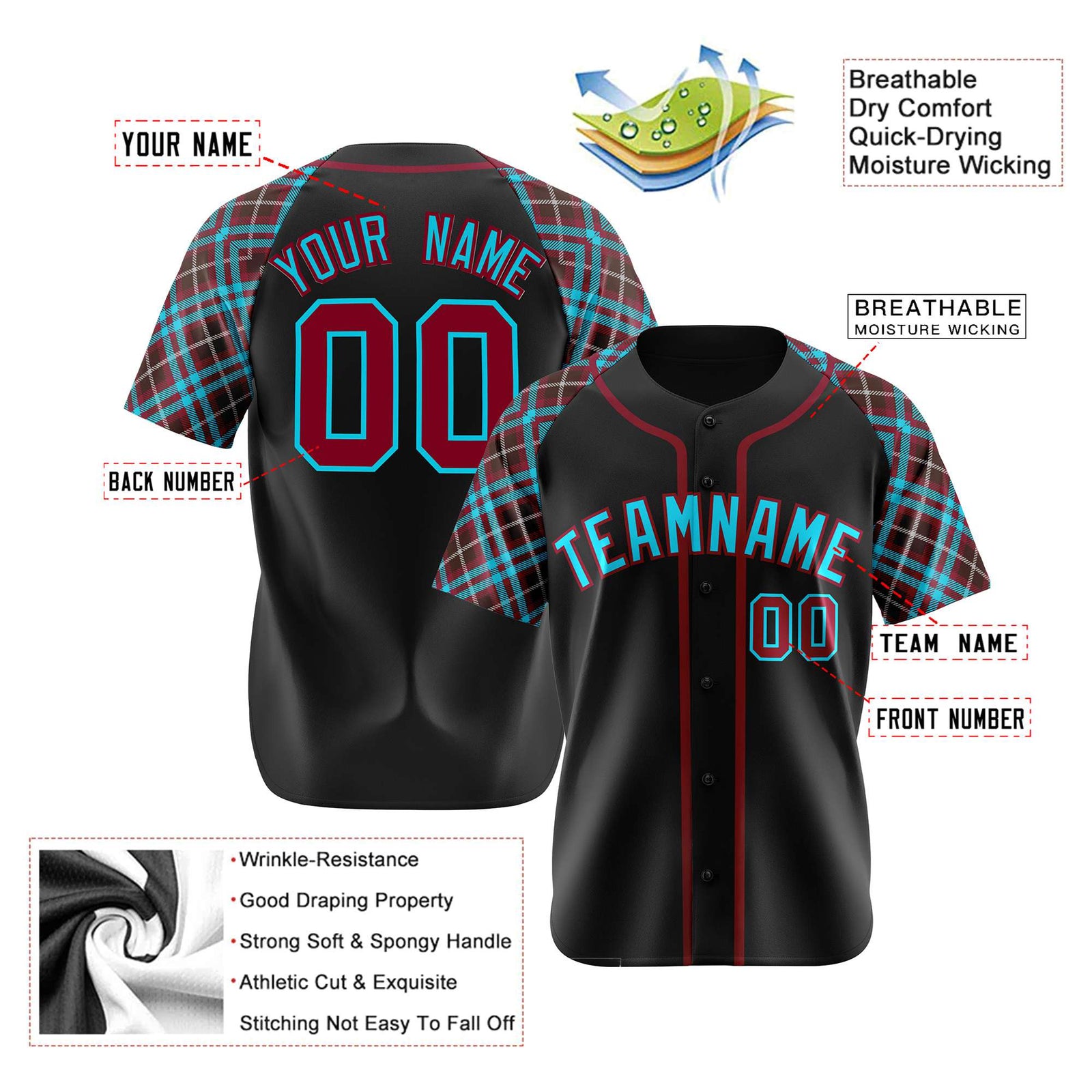 Custom Black Burgundy Light-Blue Authentic Plaid sleeve Baseball Jersey