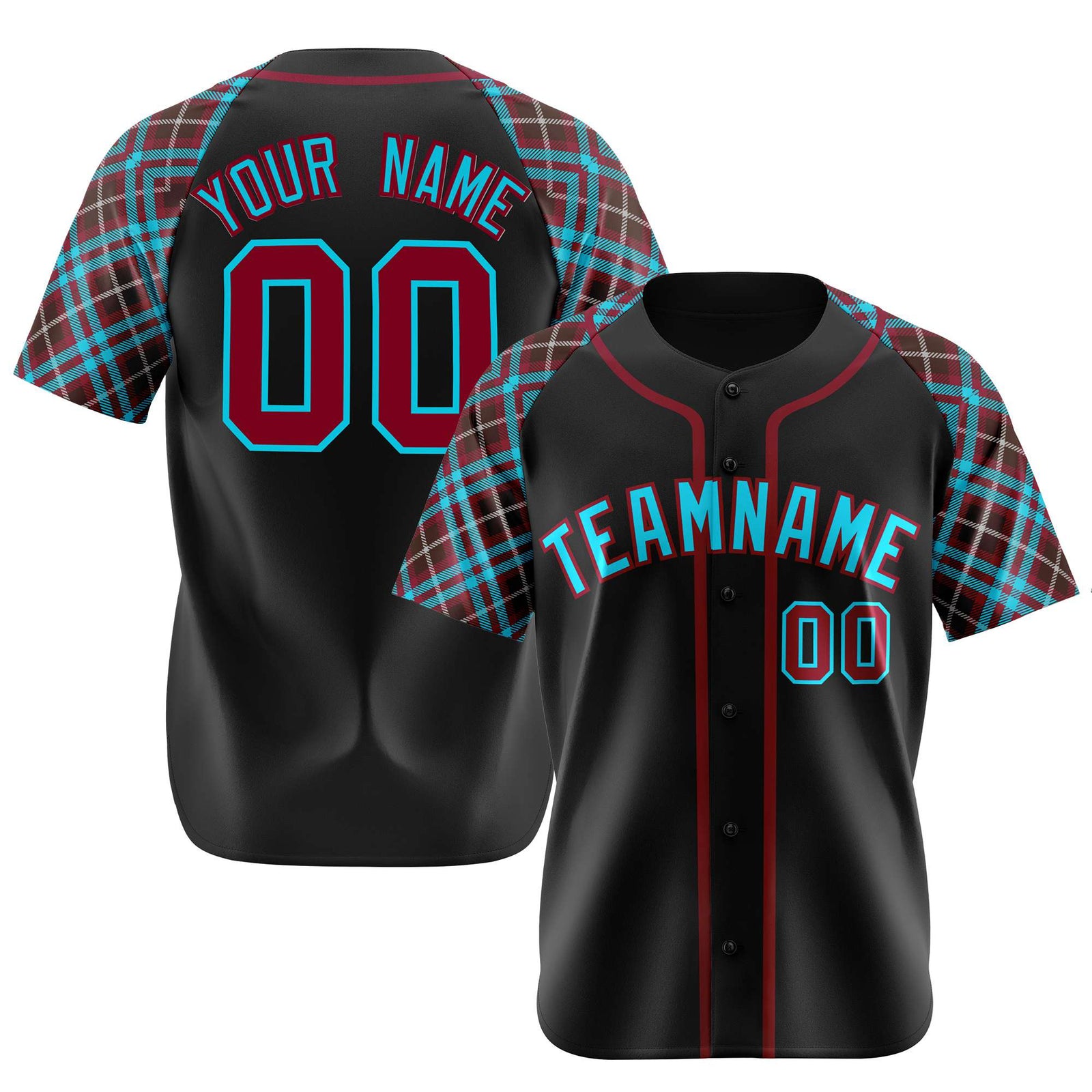 Custom Black Burgundy Light-Blue Authentic Plaid sleeve Baseball Jersey
