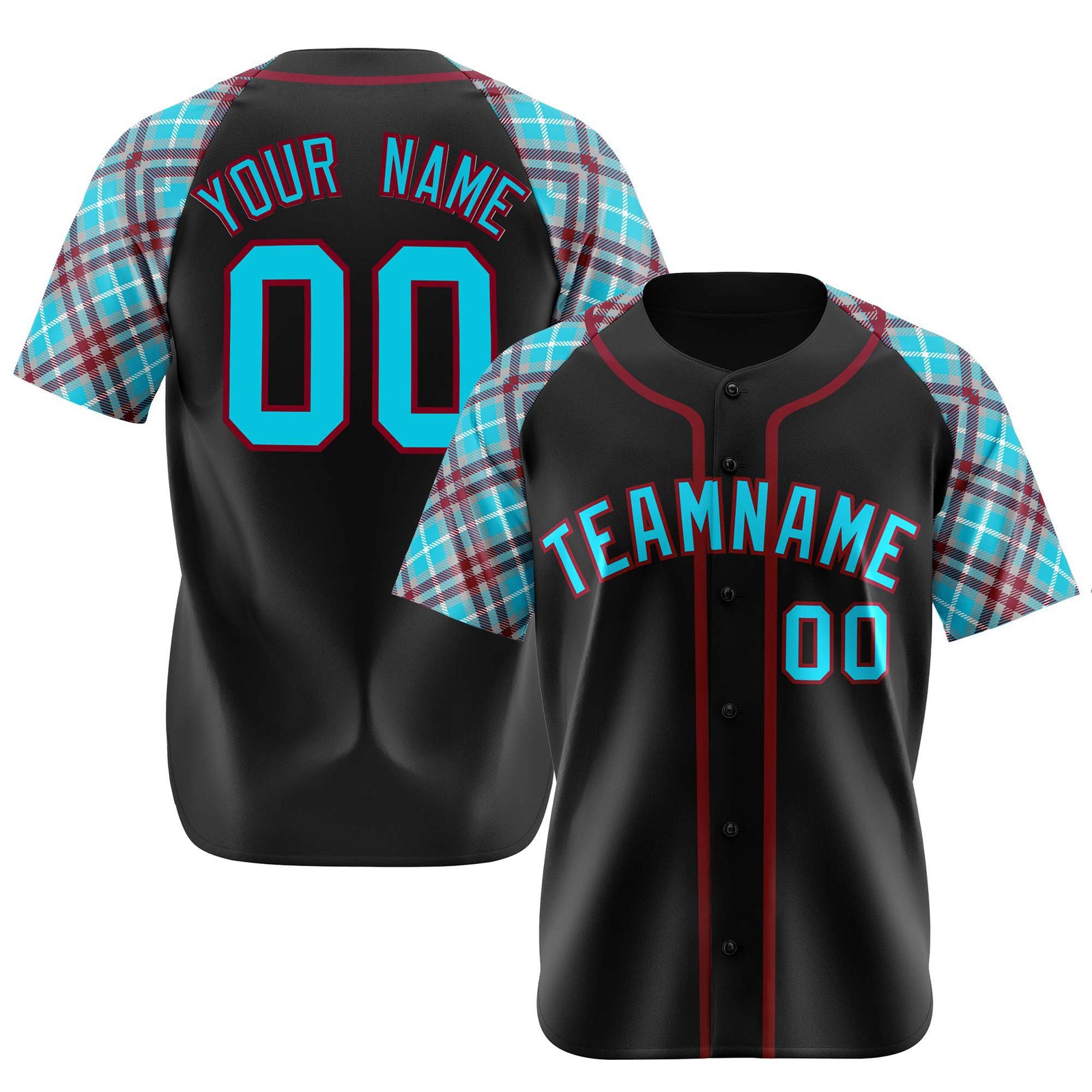 Custom Black Burgundy Light-Bule Authentic Plaid sleeve Baseball Jersey