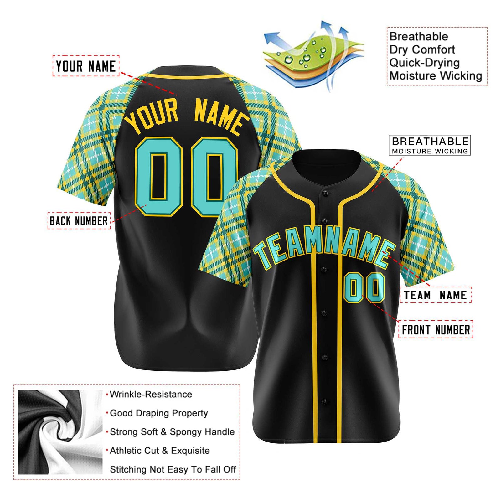 Custom Black Yellow Light-Bule Authentic Plaid sleeve Baseball Jersey