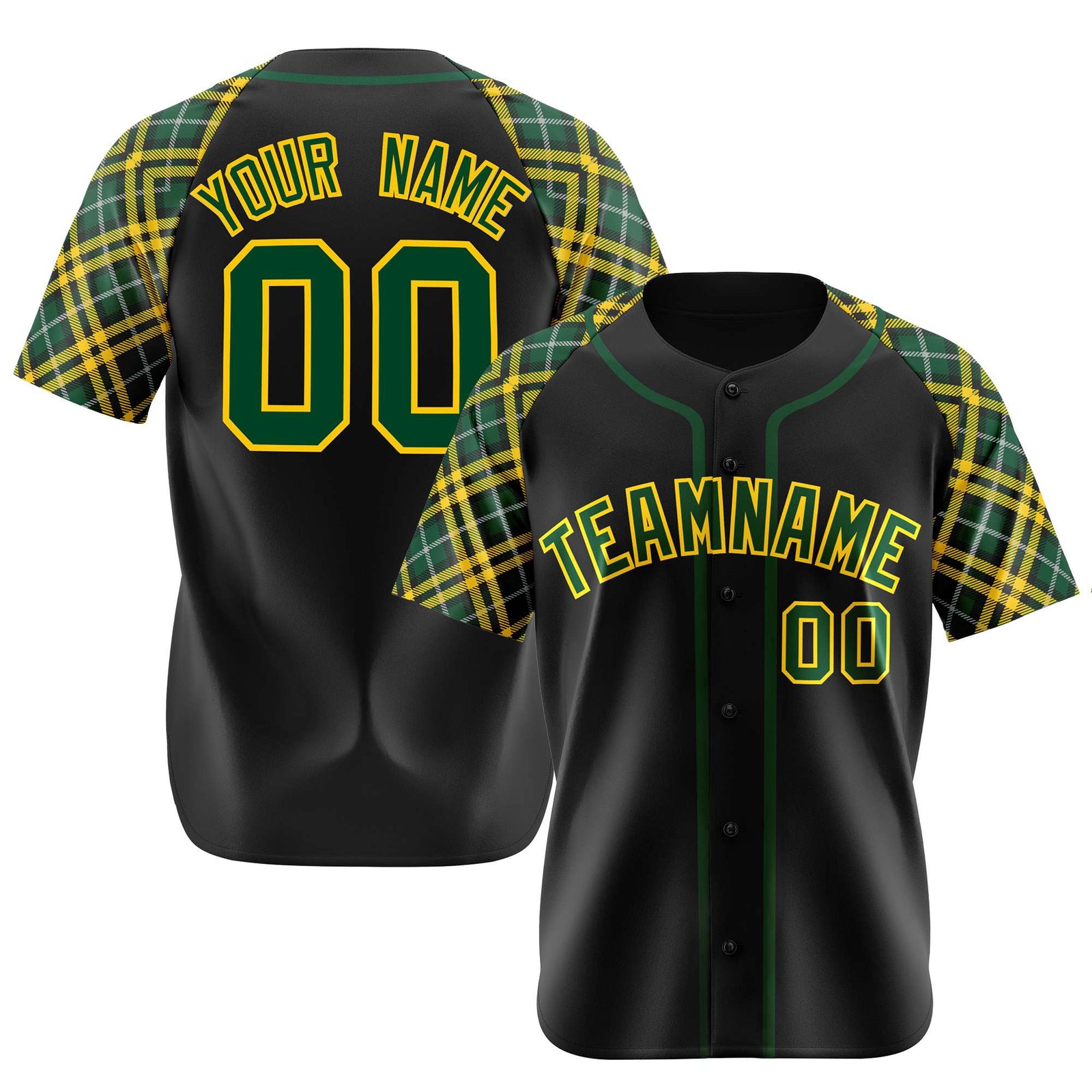 Custom Black Kelly-Green Gold Authentic Plaid sleeve Baseball Jersey