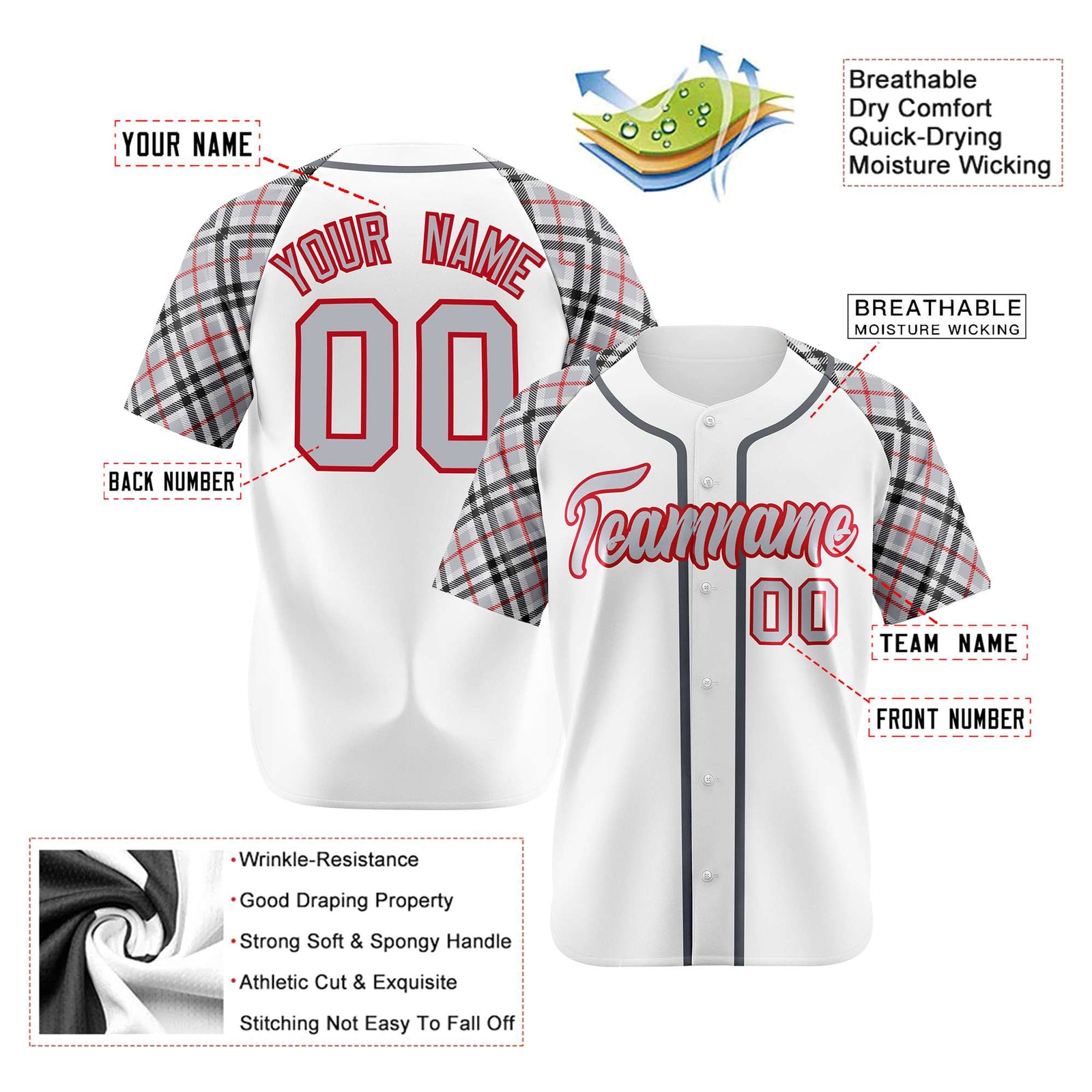 Custom White Gray-Red Black Authentic Plaid sleeve Baseball Jersey