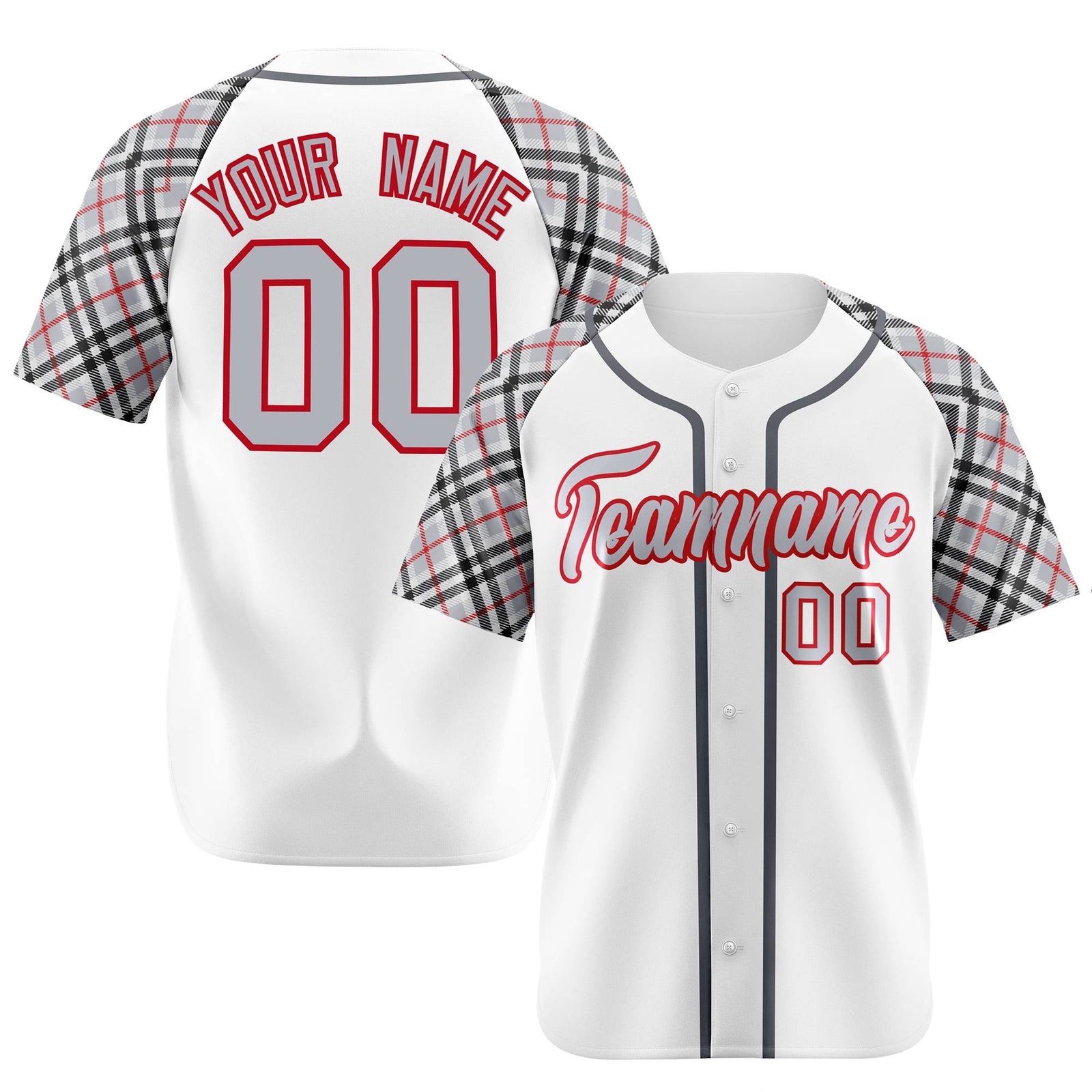 Custom White Gray-Red Black Authentic Plaid sleeve Baseball Jersey