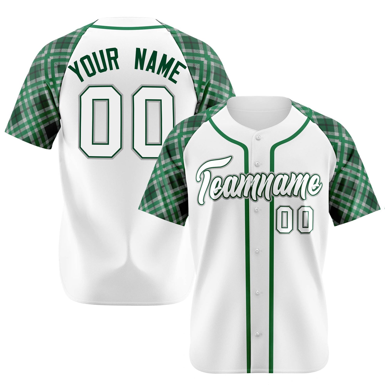 Custom White Green-White Authentic Plaid sleeve Baseball Jersey